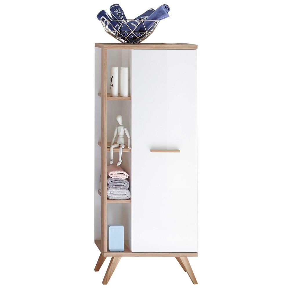 Lomadox Hochschrank MALANJE-66 weiß glänzend & Riviera Eiche quer Nb. - 50,5/128/33cm