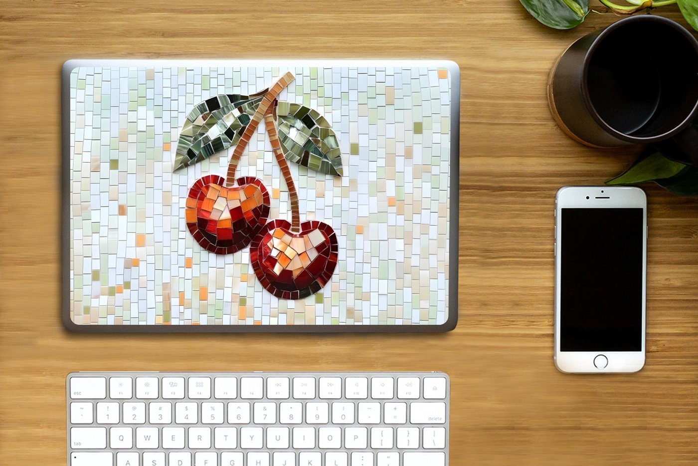 Thumbnail - MuchoWow Laptop-Aufkleber Kirsche - Rot - Mosaik - Blätter, (1tlg), Laptop Folien Cover, Aufkleber, Sticker, Schutz vor ...