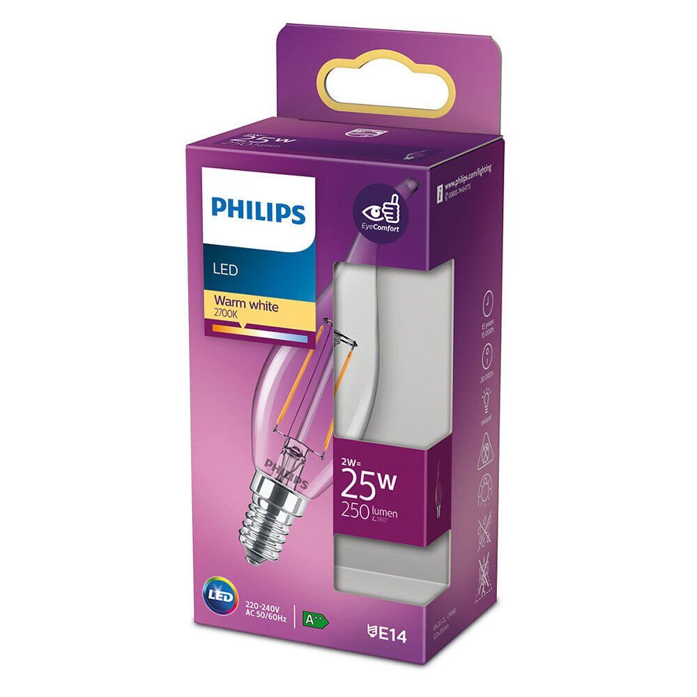 Philips LED-Leuchtmittel Philips LED 2W=25W klar Warmweiß E14, E14 Filament Warmweiß Windstoß 2700K, Kerze
