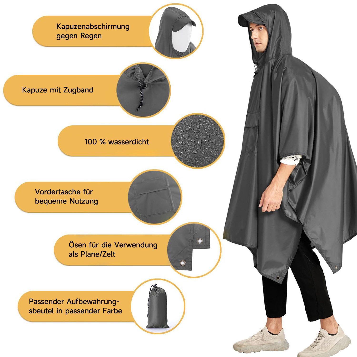 MOPUEA Regenmantel Regenponcho Regenjacke Wasserdicht Größe Regenponcho160×210 cm (Leicht, Faltbar) 3-in-1 Outdoor Poncho mit Kapuze und Tasche