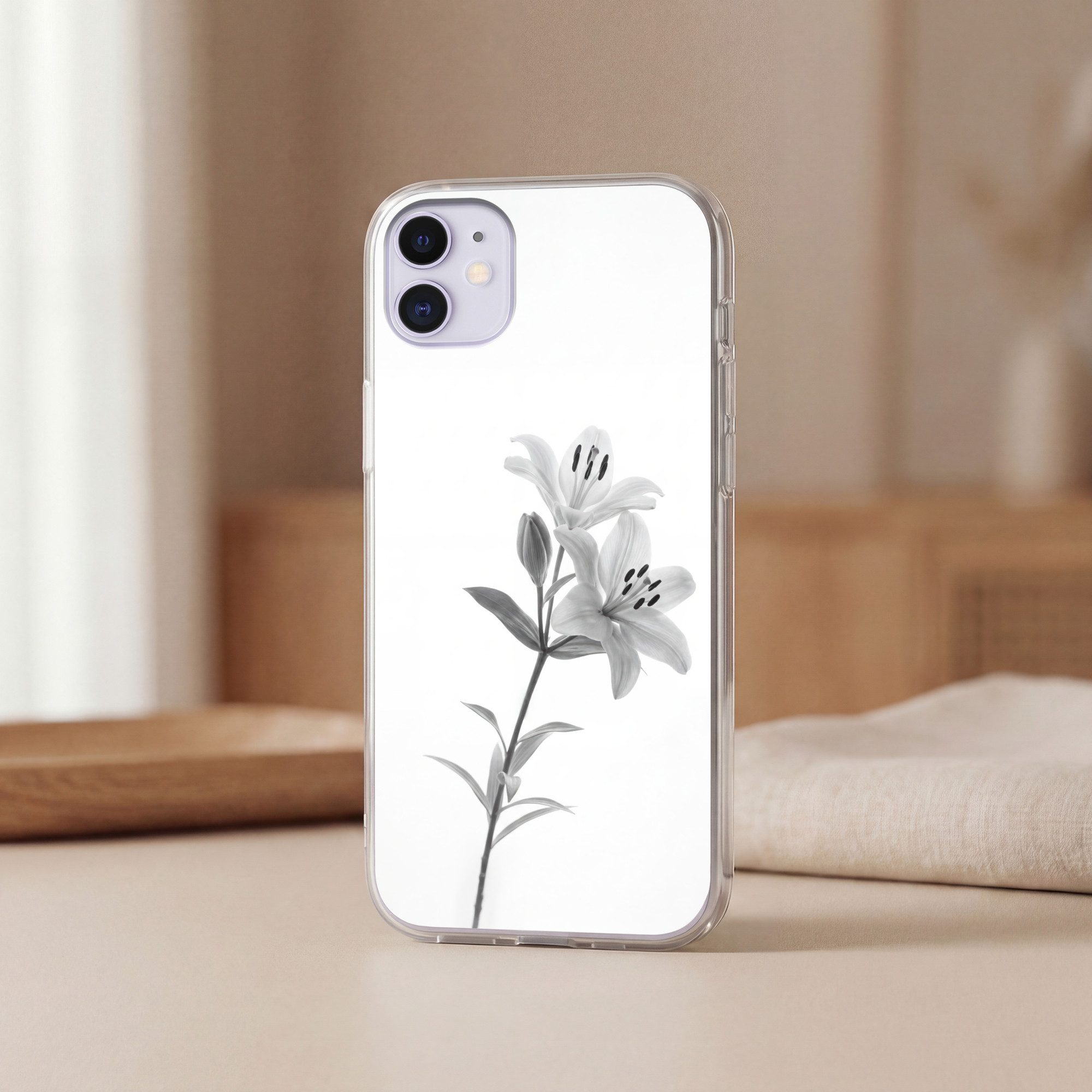 MuchoWow Handyhülle für Apple iPhone 11 Lilien - Elegant - Schwarz - Weiß, Smartphone-Bumper, Print, Handy Schutzhülle Dünn