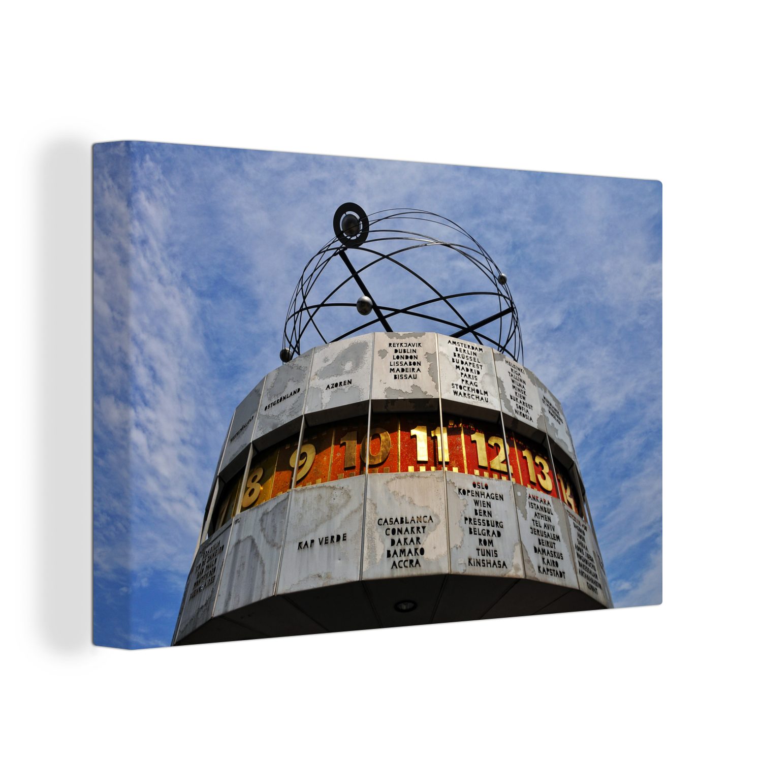 OneMillionCanvasses® Leinwandbild Nahaufnahme der Weltzeituhr am Alexanderplatz in Berlin, Deutschland, (1 St), Wandbild Leinwandbilder, Aufhängefertig, Wanddeko, 30x20 cm