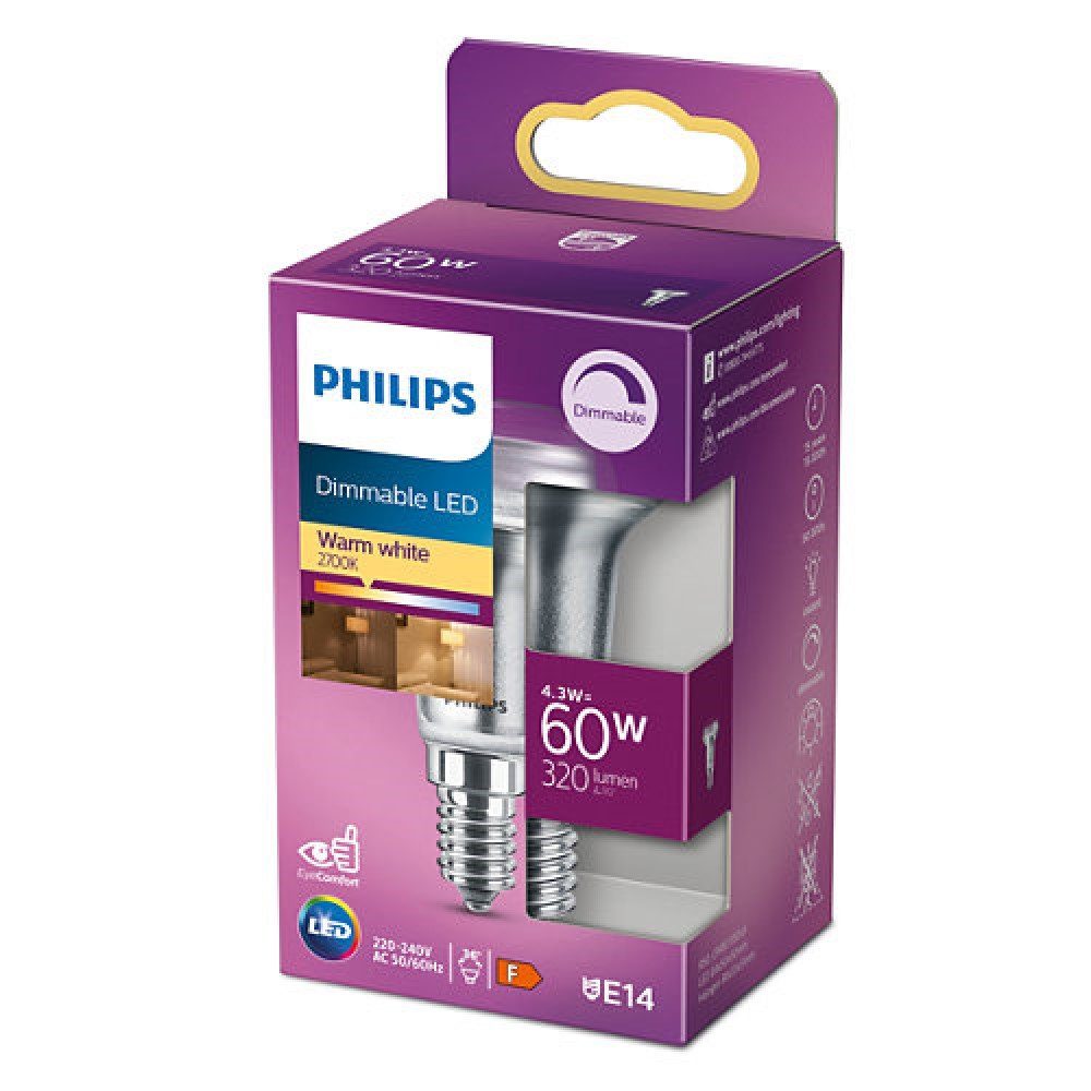 Philips LED-Leuchtmittel Philips LED = 4,3W 2700K 320lm Warmweiß R50 60W E14, Reflektor E14 Warmweiß DIMMBAR