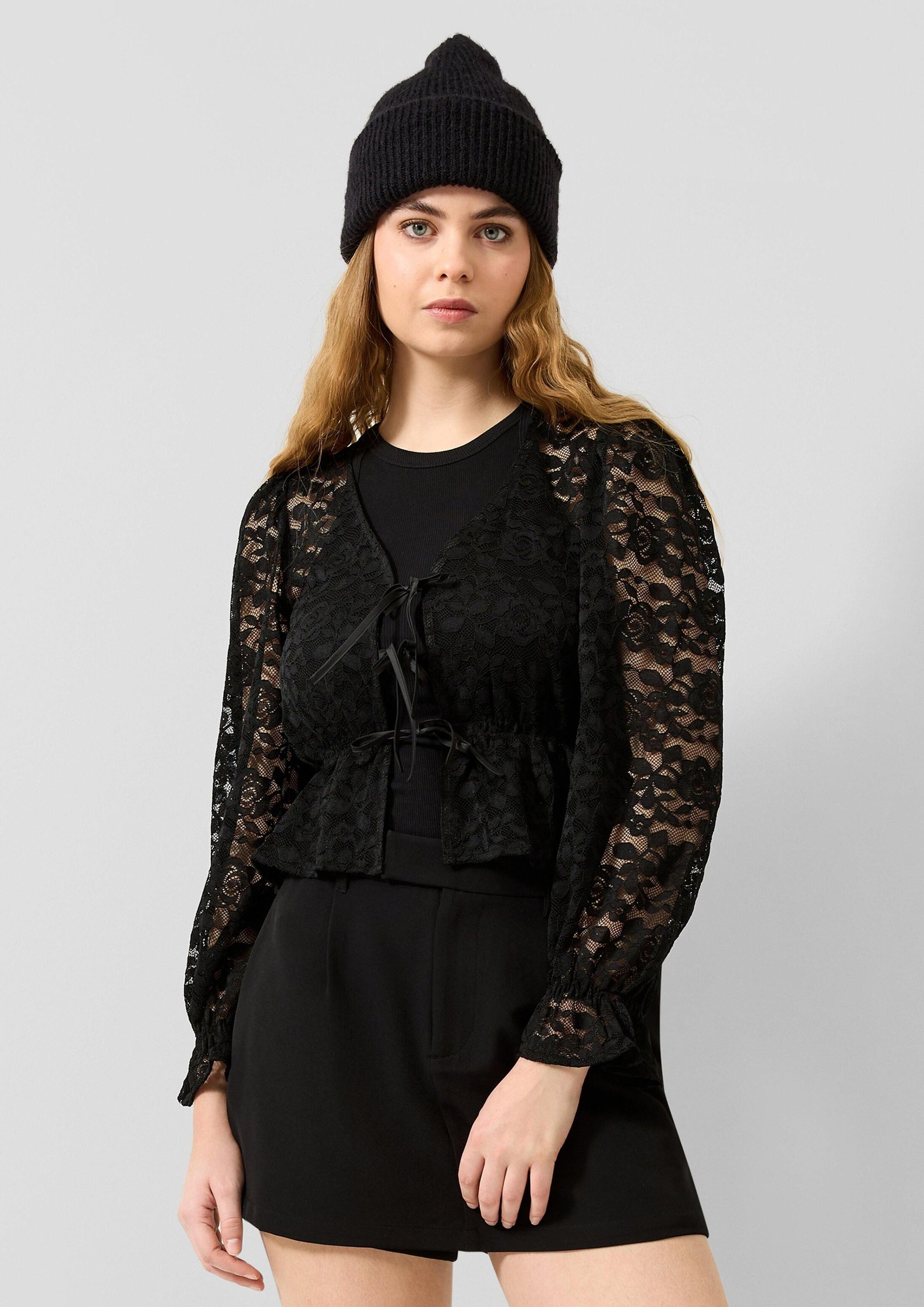 QS Langarmbluse Bluse Spitzenbluse mit Bindedetail