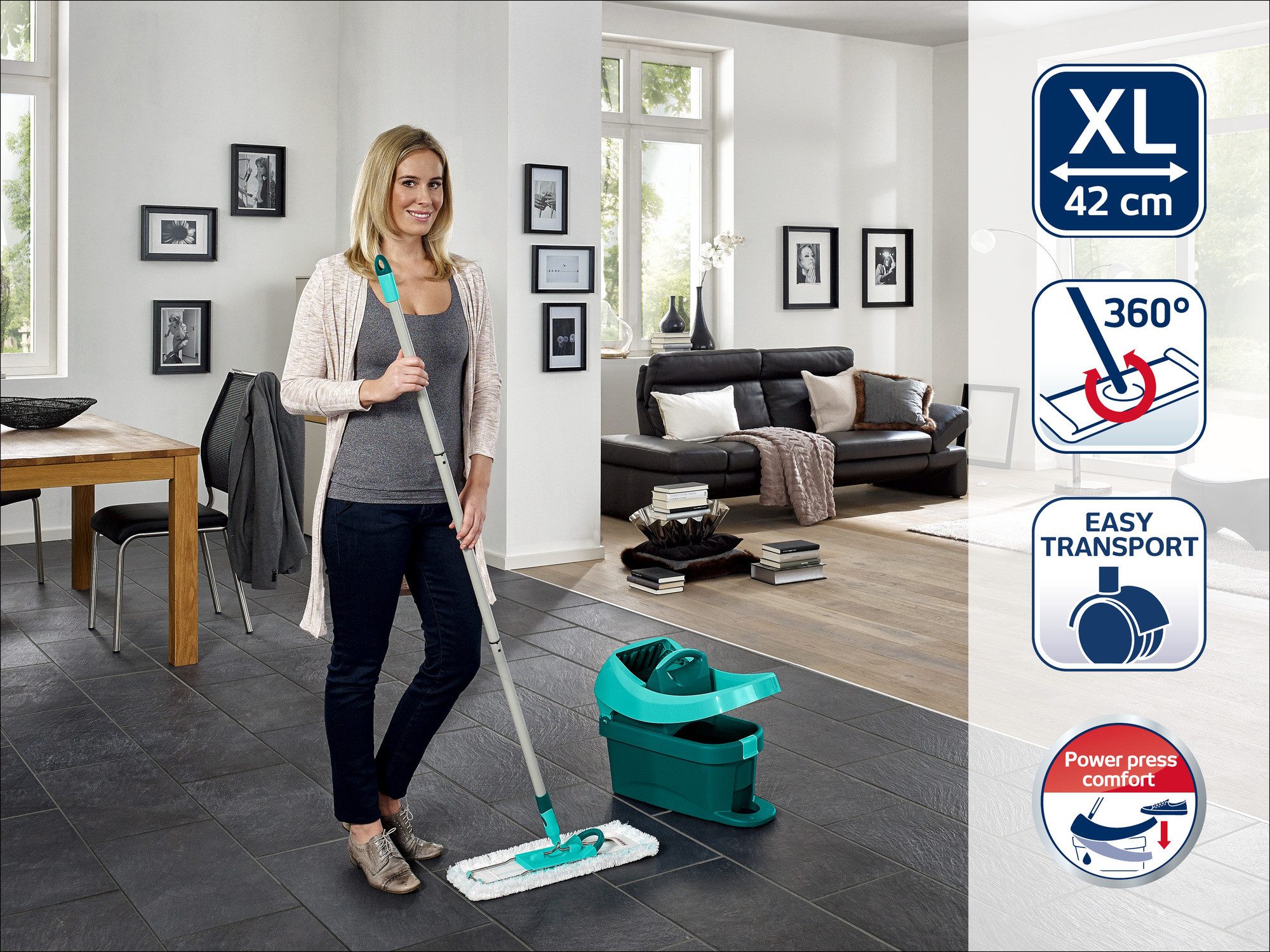 Leifheit Bodenwischer-Set Set Wischtuchpresse Profi XL mit Rollen, Bodenwischer mit micro duo Be, (5-St), Waschbare Bezüge, Wischbreite 42cm, Arbeitshöhe 146cm