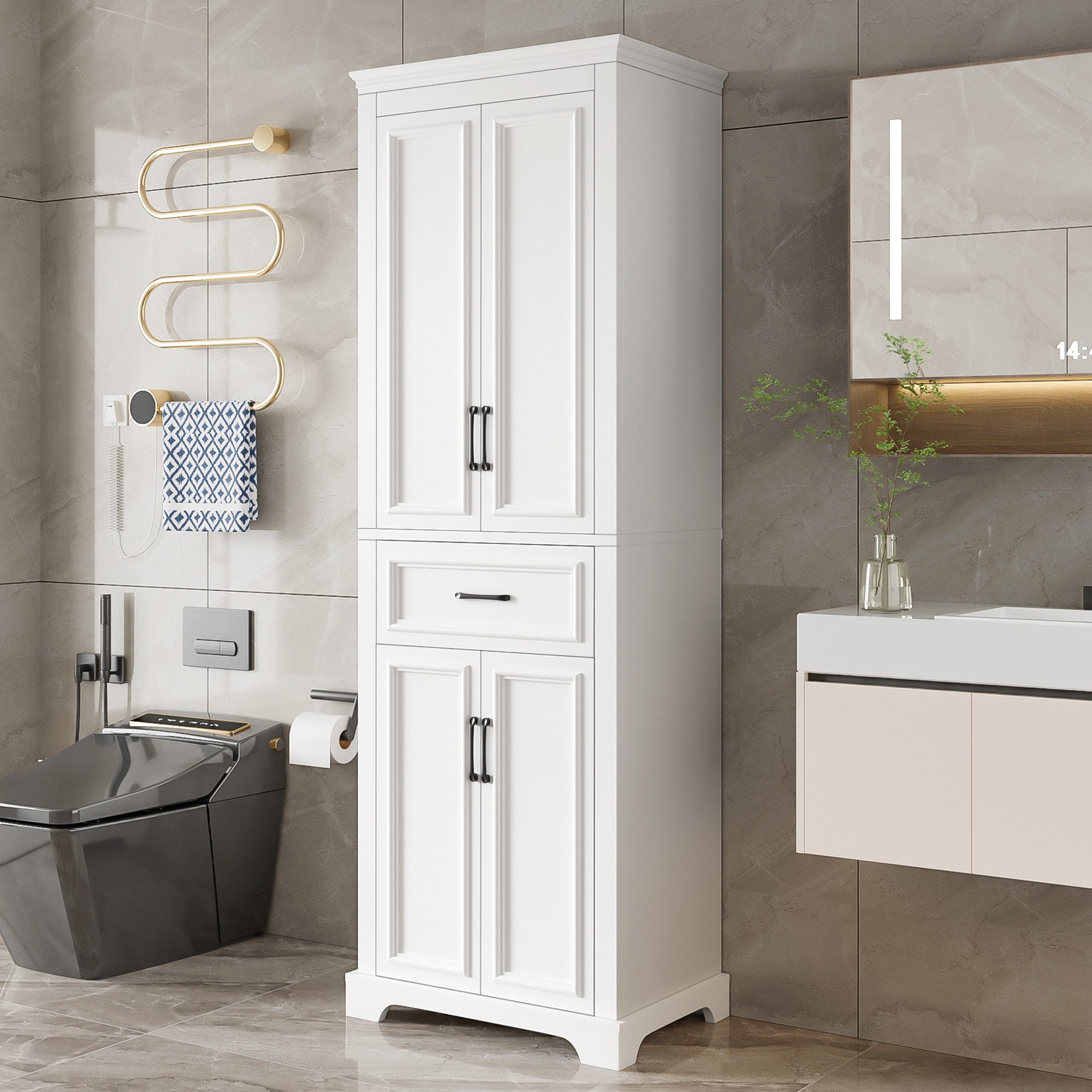 Flieks Badkommode Badezimmerschrank mit Schubladen und verstellbaren Einlegeböden (60x40x180 cm, 1 St), Hochschrank Mehrzweckschrank mit Soft-Close-Funktion Weiß