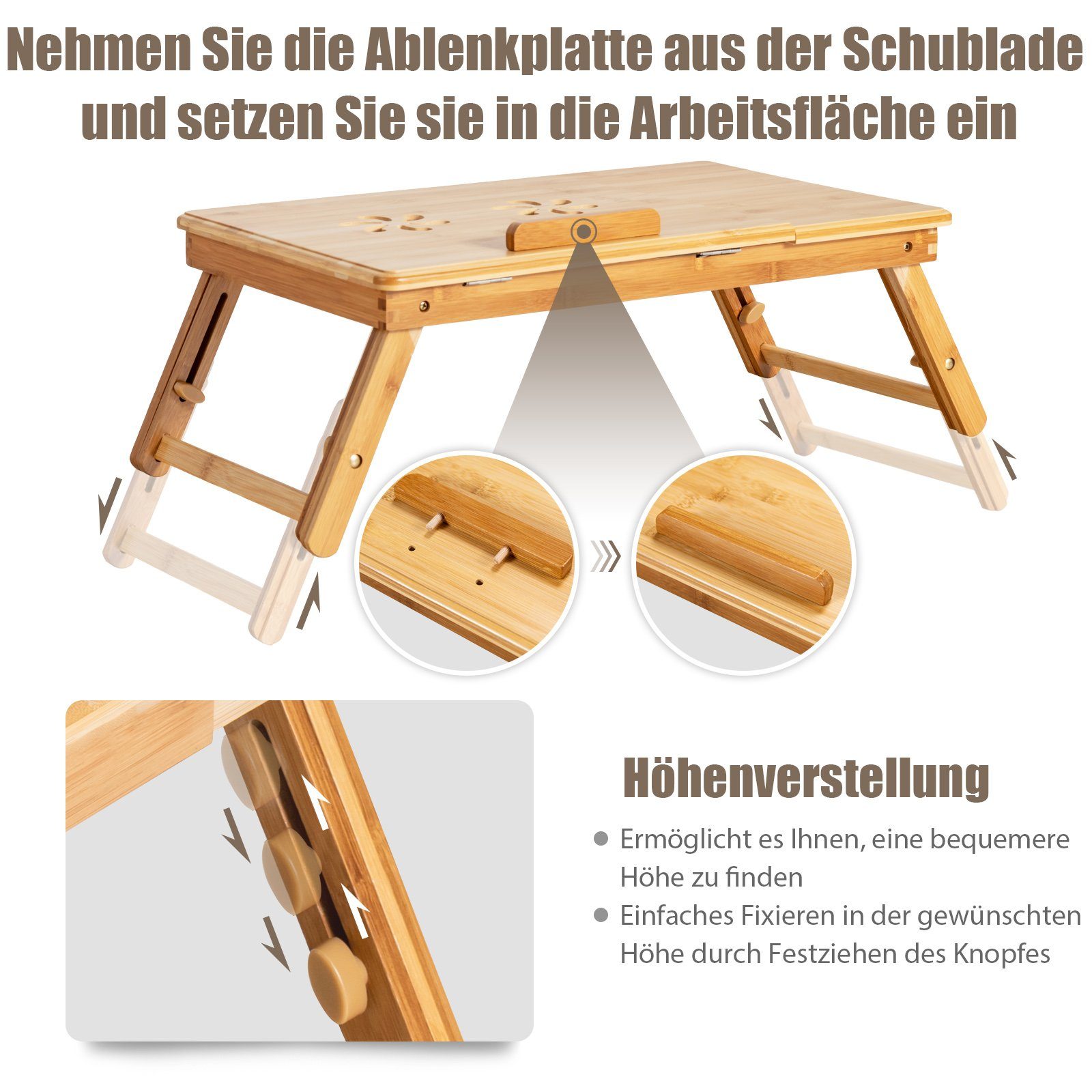 COSTWAY Laptoptisch, höhenverstellbar, neigbar, klappbar mit Schublade, Bambus