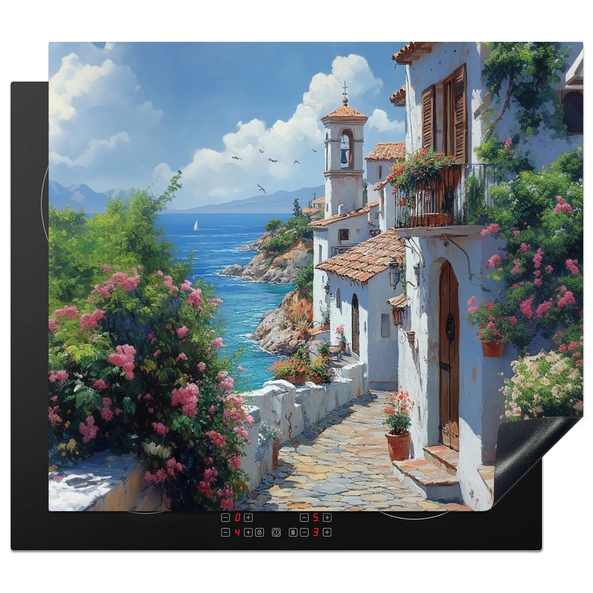 MuchoWow Herd-Abdeckplatte Häuser - Meer - Bäume - Blumen, Vinyl, (1 tlg), Cerankochfeld Abdeckung, Herd Abdeckplatten Vinyl, 58.3x51.3 cm