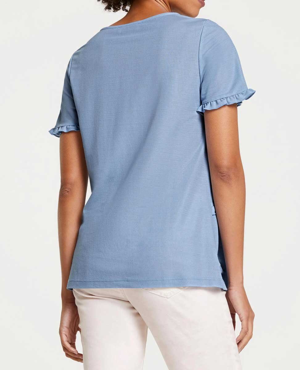 Rüschen, blau Dsigner-Shirt Damen TESINI heine LINEA m. Rundhalsshirt