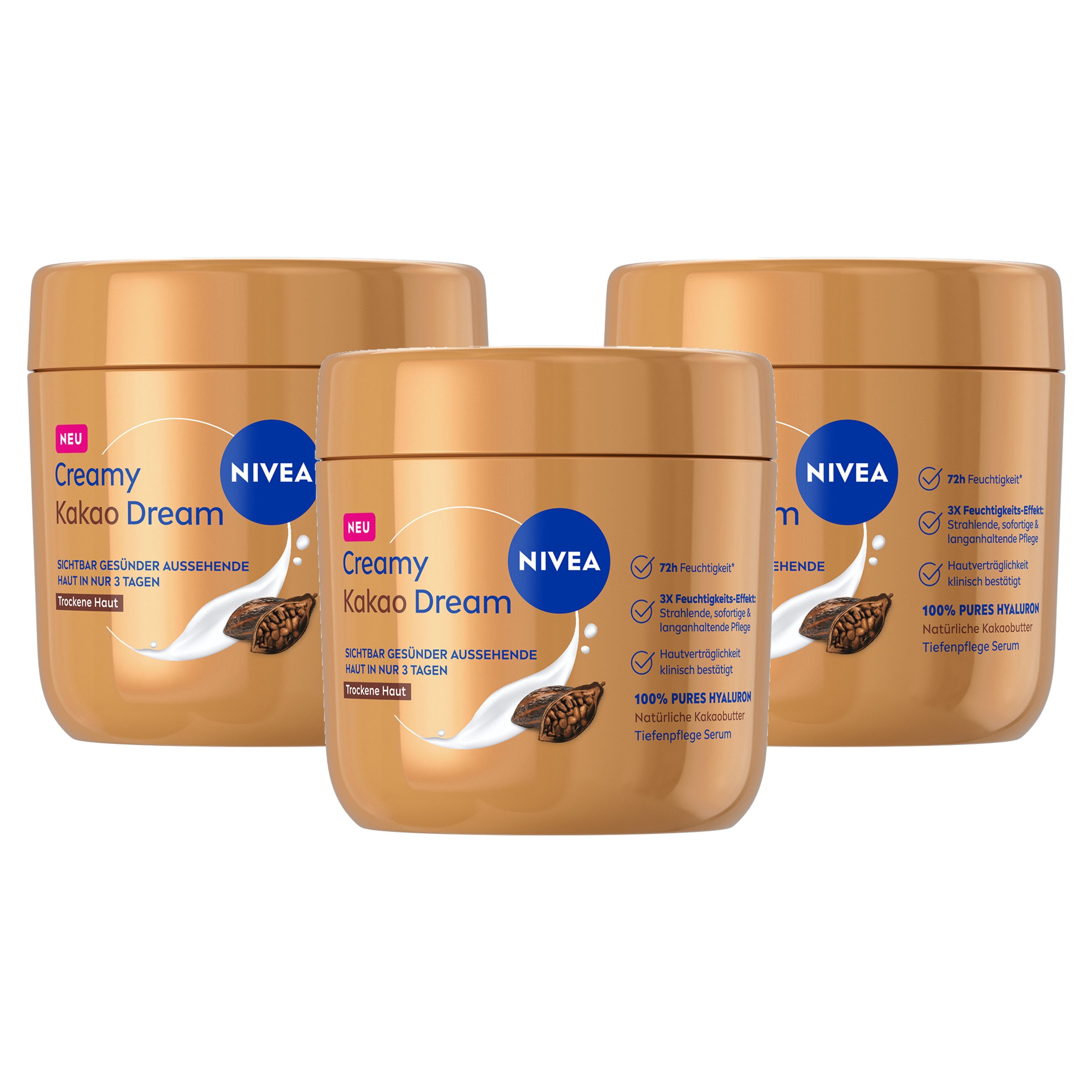 Nivea Feuchtigkeitscreme Body Kakao Dream 3x400ml, 3-tlg., 100% pures Hyaluron & natürliche Kakaobutter