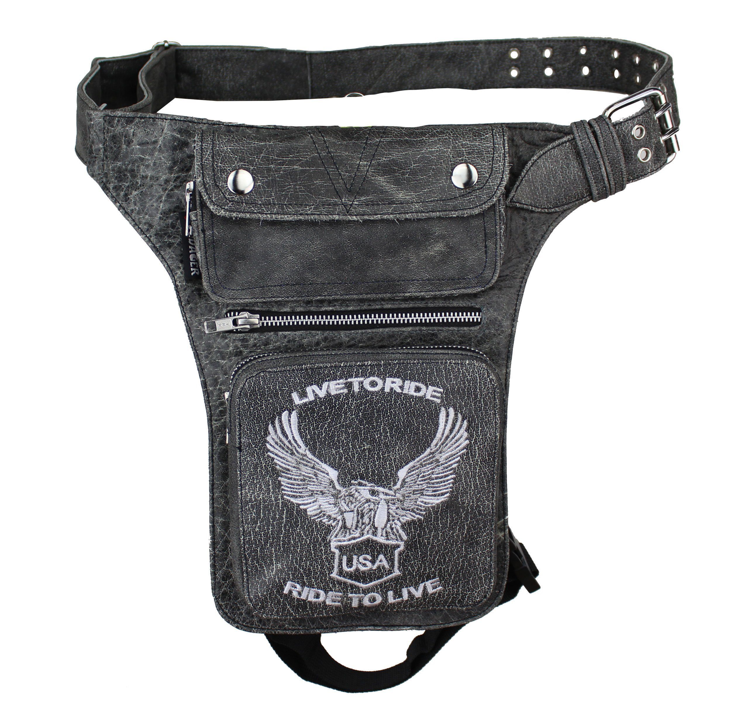 Alpha Speeds Beintasche / Bauchtasche aus Leder (Motorrad & Freizeit) Retro Grau weißer Adler, hochwertiges Echtleder, 3 Frontfächer & 1 großes Rückfach
