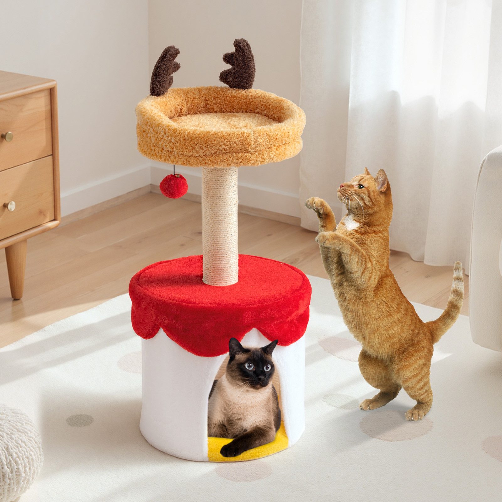 COSTWAY Kratzbaum, Katzenbaum für Weihnachten, mit Katzenhöhle & Ball