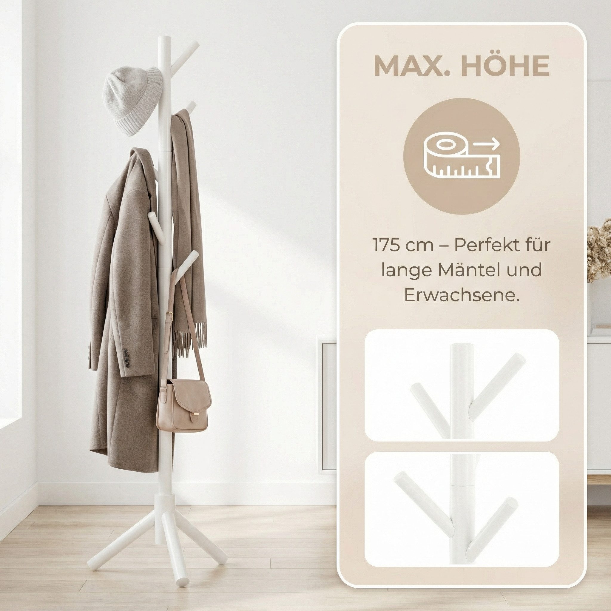 PIPISHELL Garderobenständer Kleiderständer, freistehend, mit 3 verstellbaren Größen & 8 Haken, (für Flur, Büro oder Schlafzimmer, stabile Konstruktion aus Kiefernholz), höhenverstellbar für Kinder, Jugendliche und Erwachsene