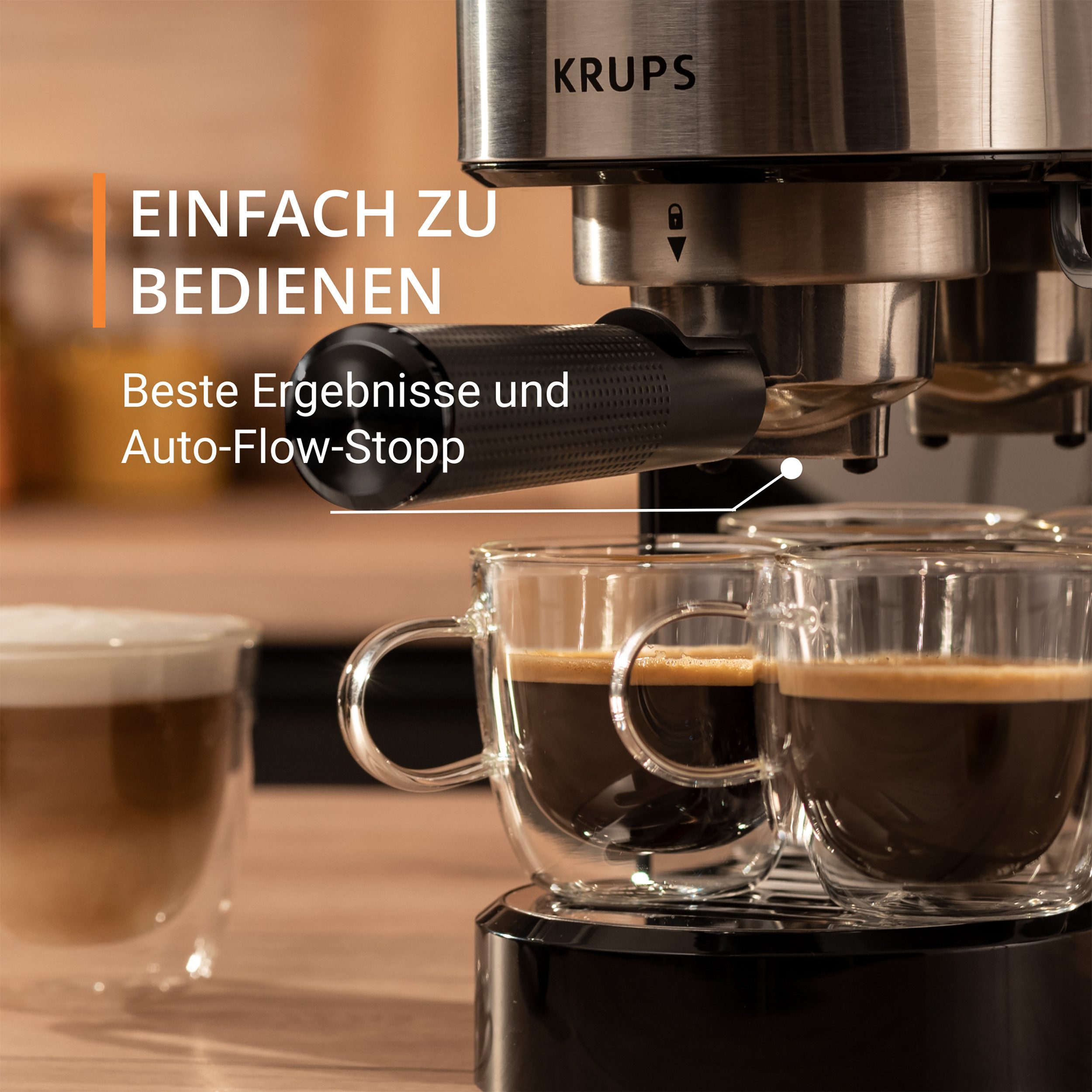 Krups Espressomaschine XP4418 Virtuoso Essential, Siebträger, Edelstahl-Applikationen, schlankes kompaktes Design, 2 Filtereinsätze