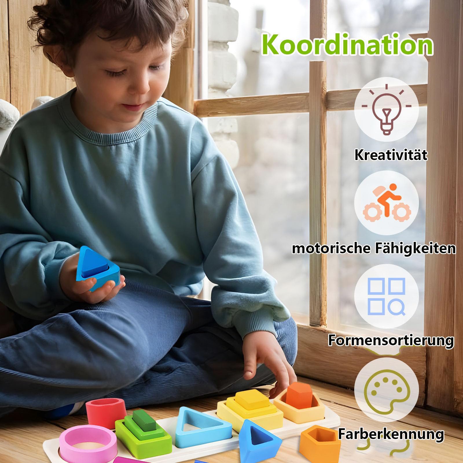 Flintry Lernspielzeug Montessori Spielzeug Geometrisches Holzspielzeug für Stapelspiel, mit Bunten Formen Lernspielzeug Motorischen Fähigkeiten – Bild 4 von 5