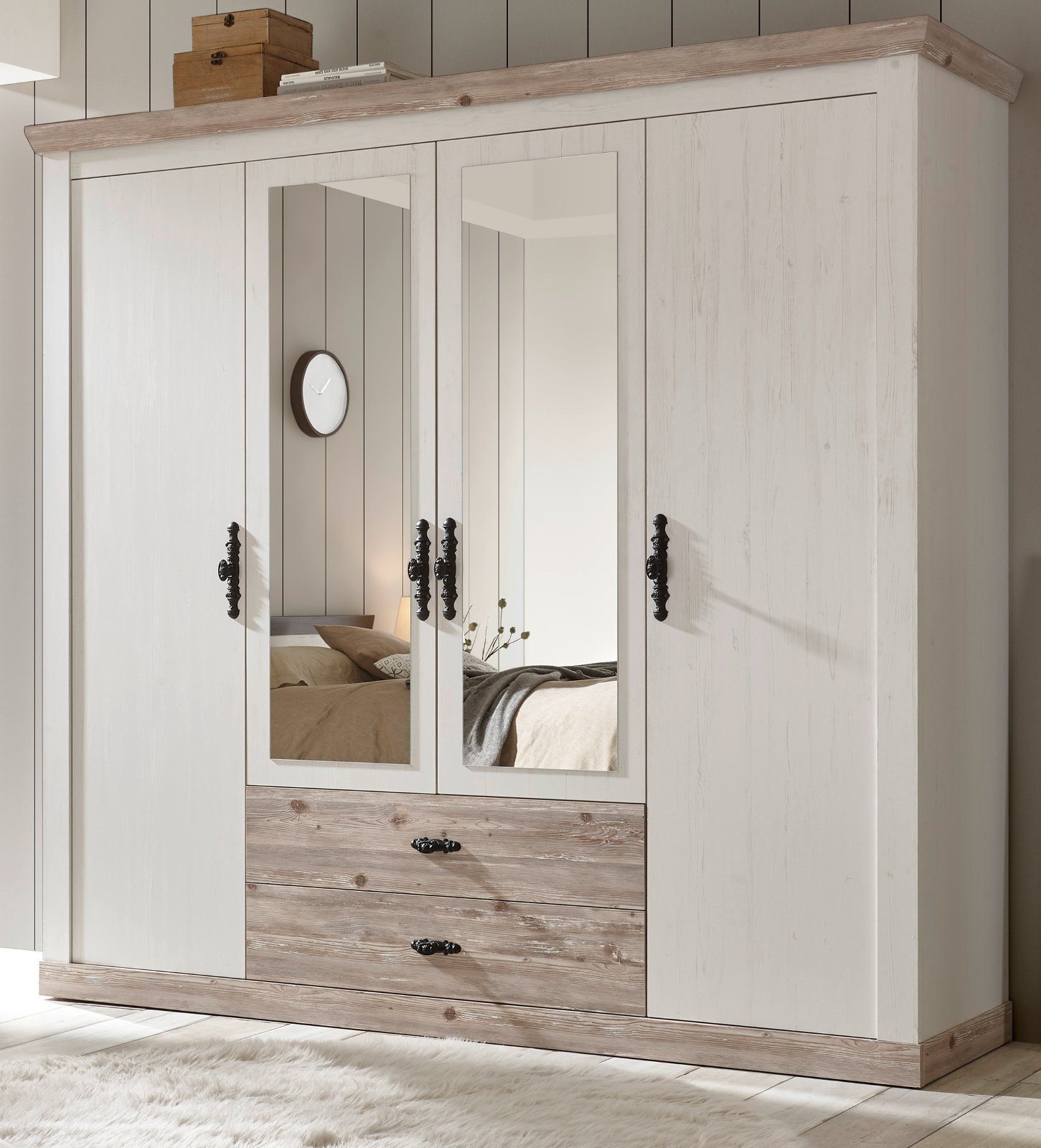 Furn.Design Kleiderschrank Rovola (Schrank in Pinie weiß und Oslo-Pinie, 4-türig, 217 x 201 cm) mit Spiegeltüren und Schubladen