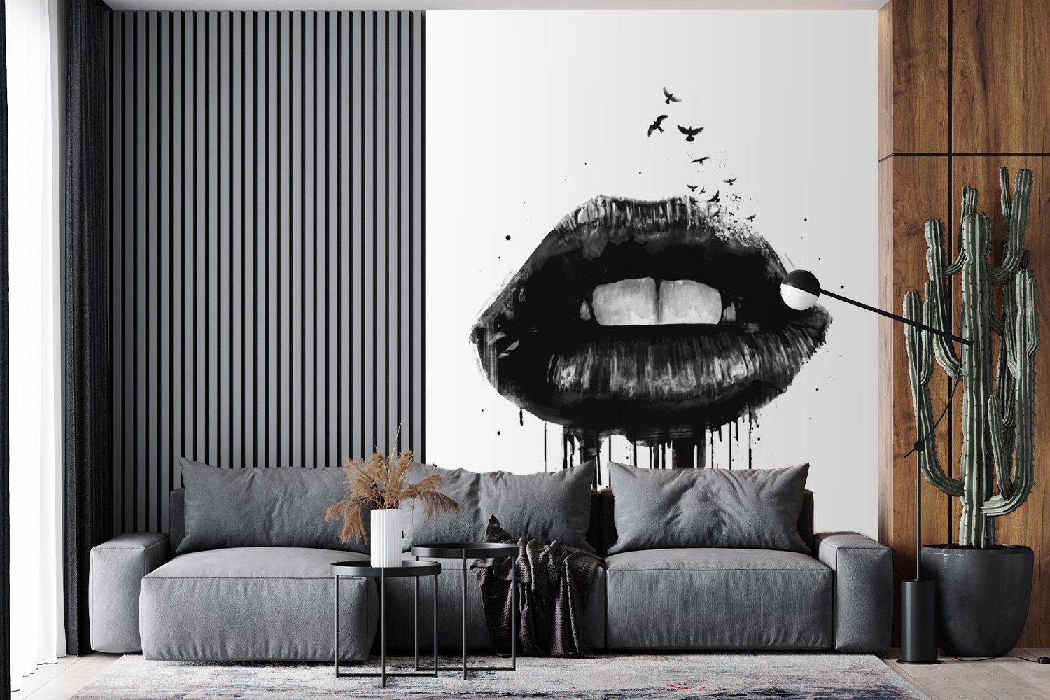 (4 Schwarz - bedruckt, - Abstrakt, MuchoWow Fototapete Wohnzimmer, für Tapete St), Vögel Montagefertig Lippen Wandtapete Matt, Vinyl -