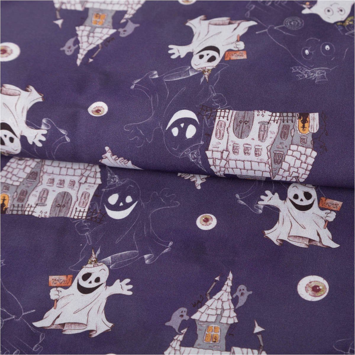 Swafing Stoff Baumwollstoff Meterware Webware Halloween Gespenster violett weiß 1,5m, allergikergeeignet