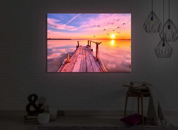 lightbox-multicolor LED-Bild Steg mit Möwen bei Sonnenuntergang front lighted / 60x40cm, Leuchtbild mit Fernbedienung