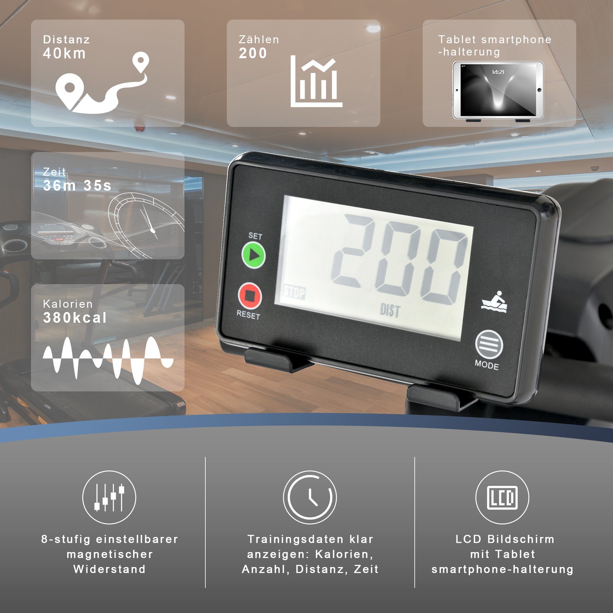 LCD-Monitor, Faltbares, Fangqi Rudergerät, Rudergerät einstellbarem Lüfterwiderstand,Gerätehalter Luft+Magnetisches 8-stufig Indoor