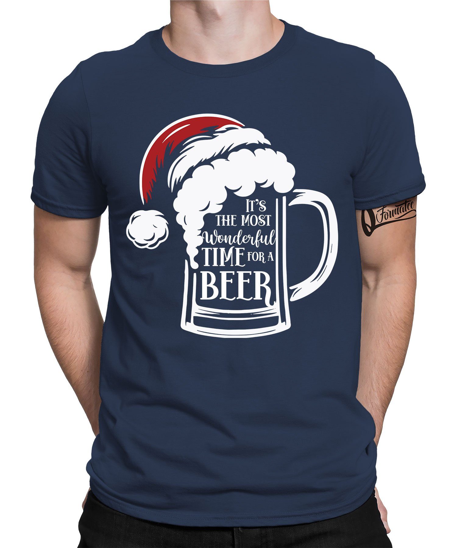 Quattro Formatee Kurzarmshirt Wonderful Beer Time Bier - Weihnachten Nikolaus Weihnachtsgeschenk (1-tlg) Navy Blau