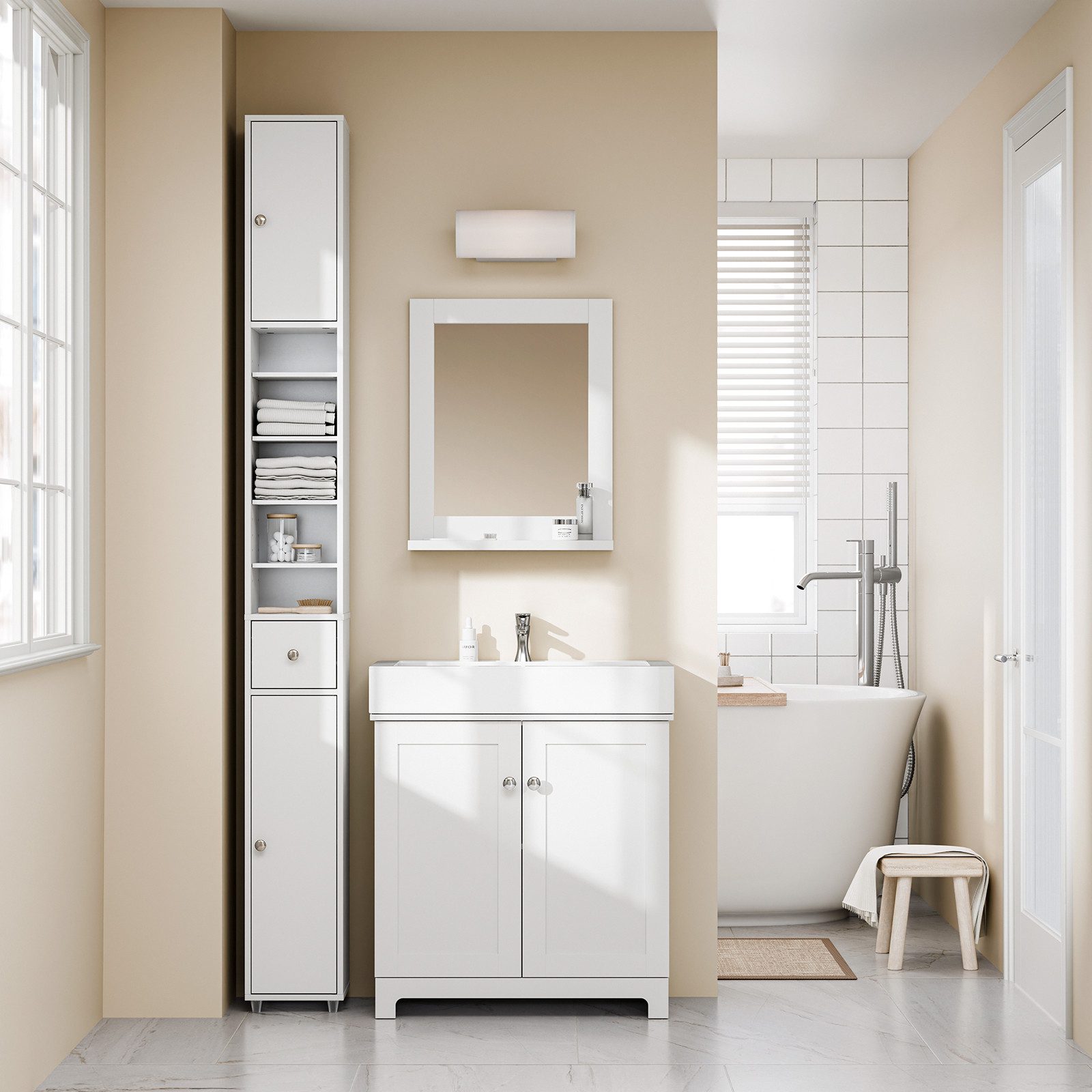 SoBuy Hochschrank BZR34, Badschrank schmal, Badezimmermöbel, Wasserabweisender Badzimmerschrank mit verstellbare Ablagen Badkommode schmal Badezimmer