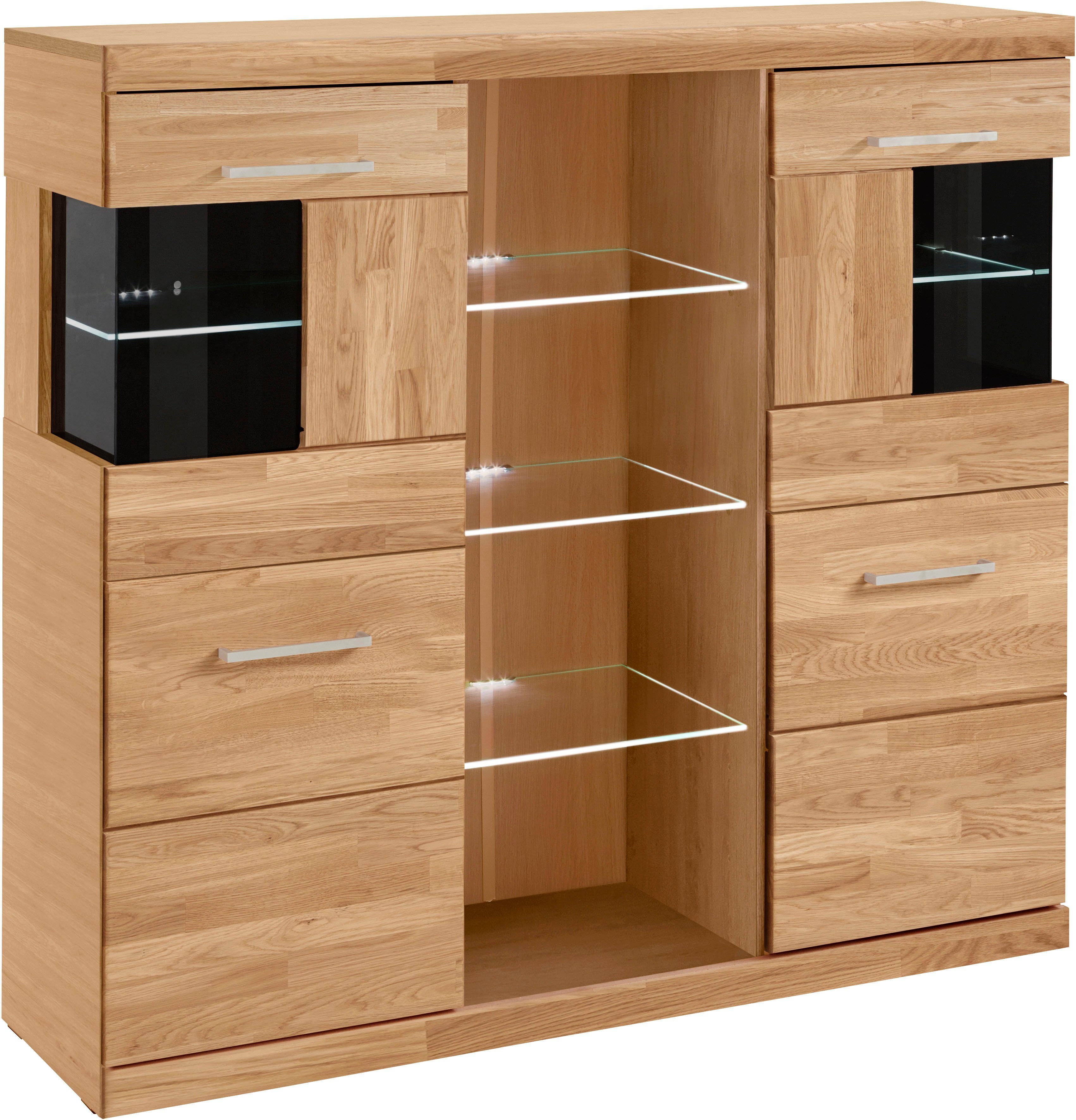OTTO home Highboard Ribe,120cm breit,112cm hoch,Oberplatte massiv,12 Fächer, Holz massiv, Holzwerkstoff, Metall Griffe,2Türen mit Glaseinsatz