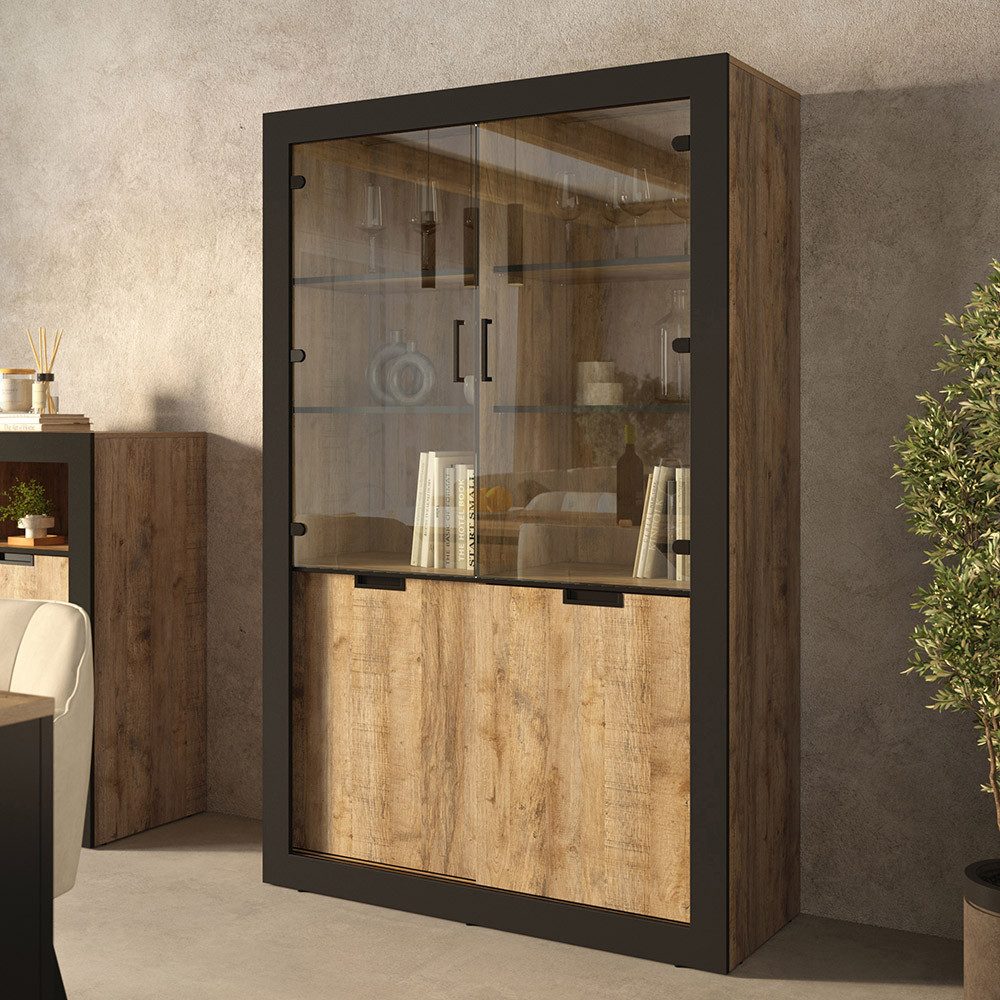 Lomadox Vitrine TOLOSA-83 in Eiche mit Rahmen in schwarz matt