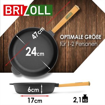 4BIG.fun Bratpfanne Ø24cm Bratpfanne 62mm hoch Holzgriff Glasdeckel, Gusseisen (Spar-Set), abschraubbarer Griff, Induktion