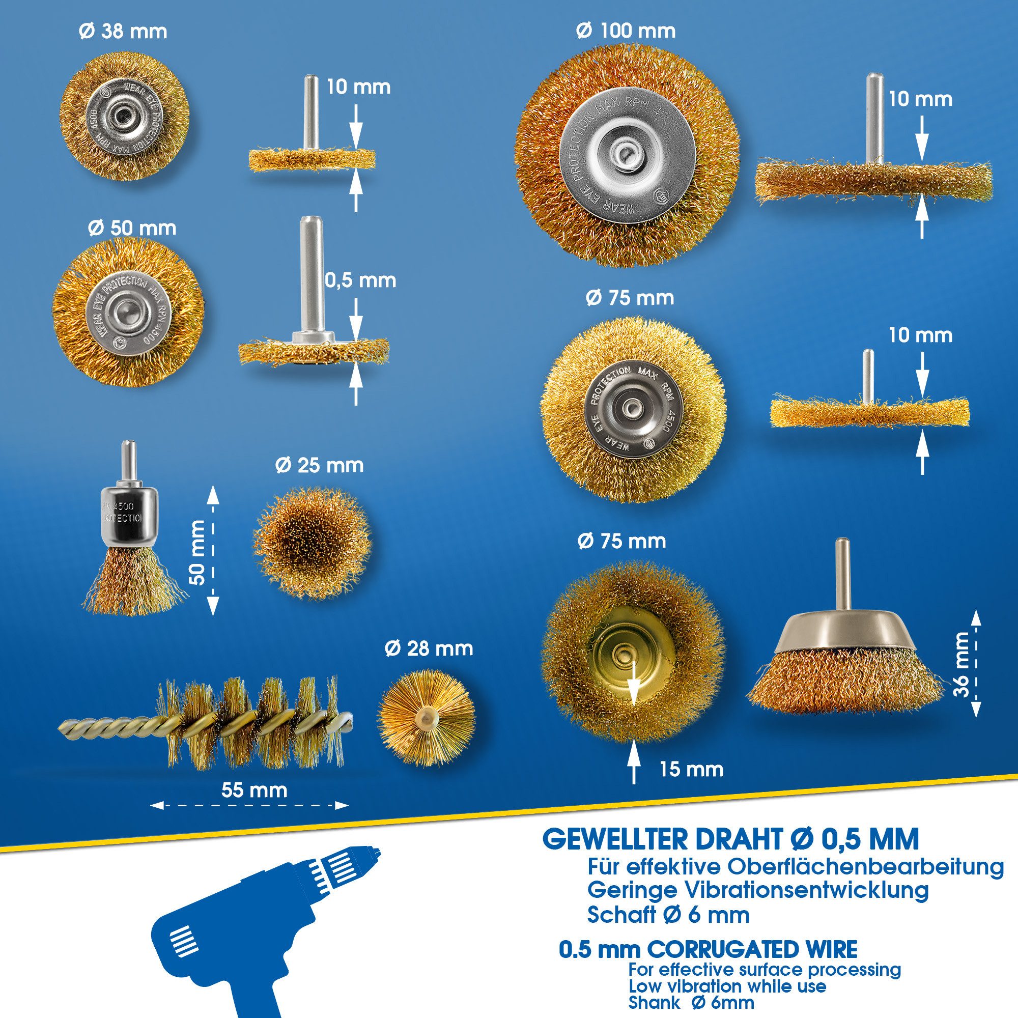 S&R Drahtbürste Set für Bohrmaschinen, Stahldraht, vermessingt, Rundschaft 6mm, (Set 7-teilig, 7-tlg., 4x Scheibenbürsten, je 1x Topfbürste, Pinselbürste, Rohrbürste), für sicheres Entrosten, Entgraten, Abtragen, Schleifen und Bearbeiten
