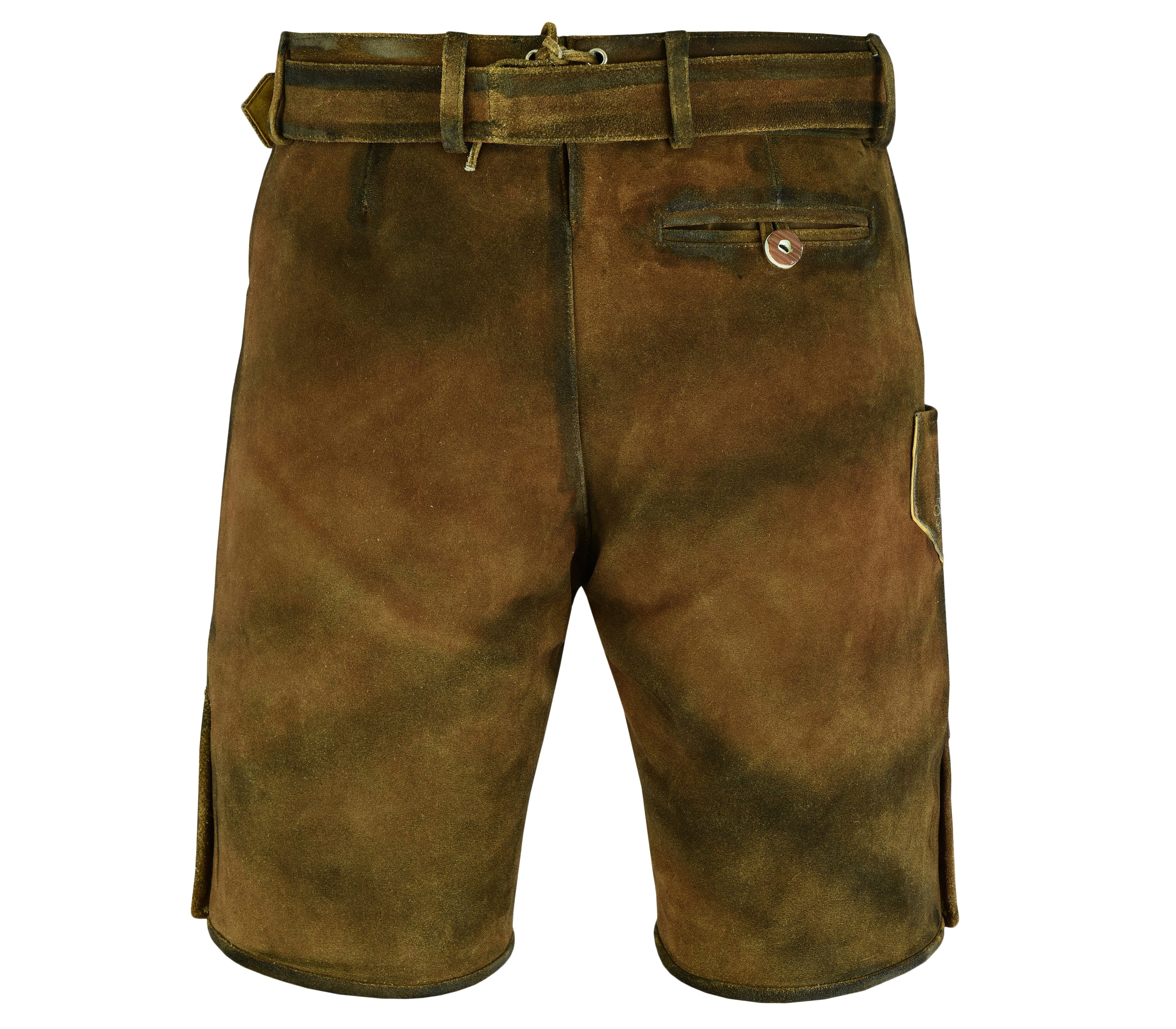 Myooka Trachtenlederhose Herren Lederhose Kurz Antik mit Gürtel in Braun Dunkelbraun Grüntöne
