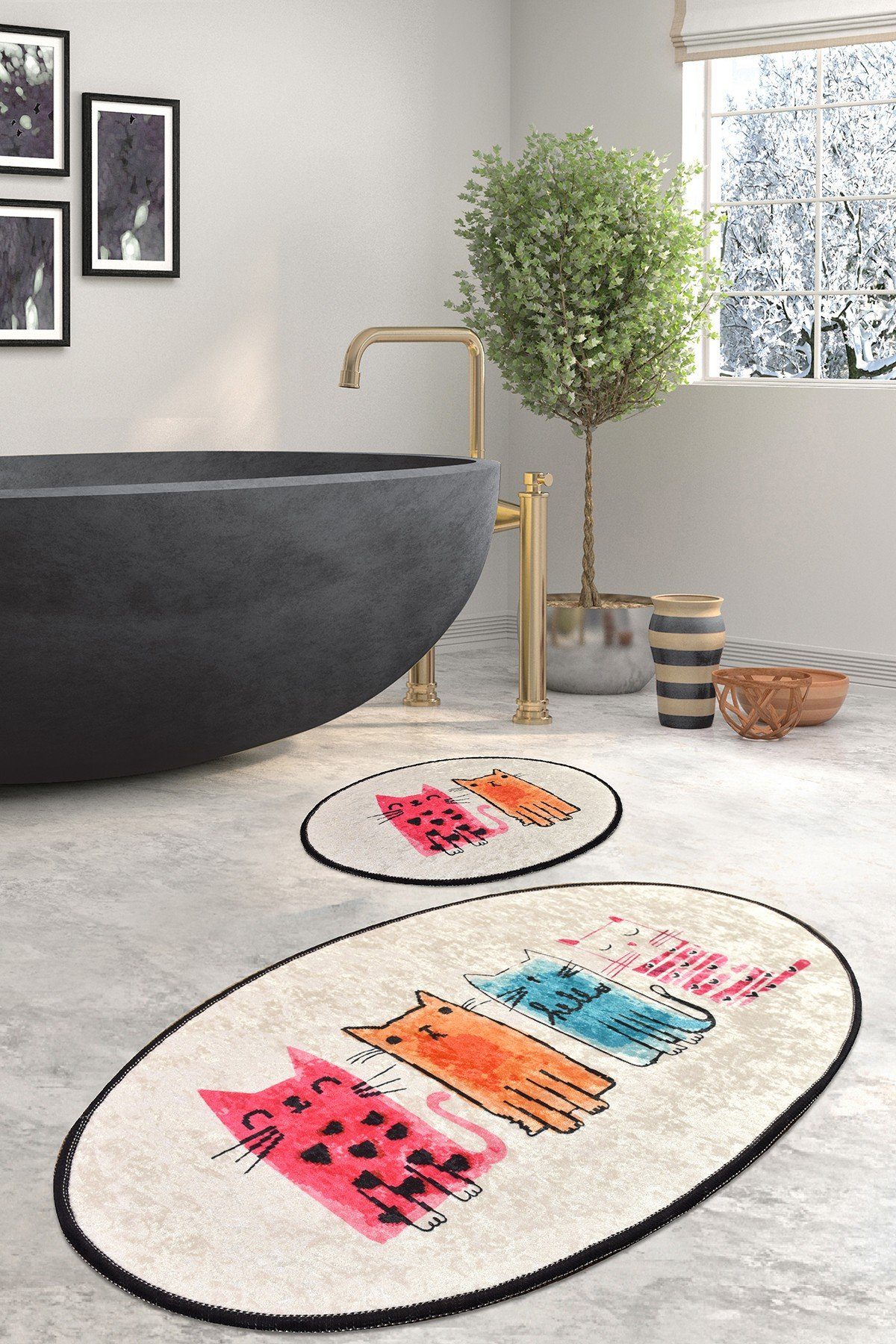 L'Essentiel Maison Badematte 100% POLYESTER, 10 mm L2389, Höhe 10 mm, rutschhemmend beschichtet, Antibakterielle Eigenschaften, Polyester, oval, Badematte+WC-Vorleger, Badteppich-Set (2 Teile) aus 100% Polyester