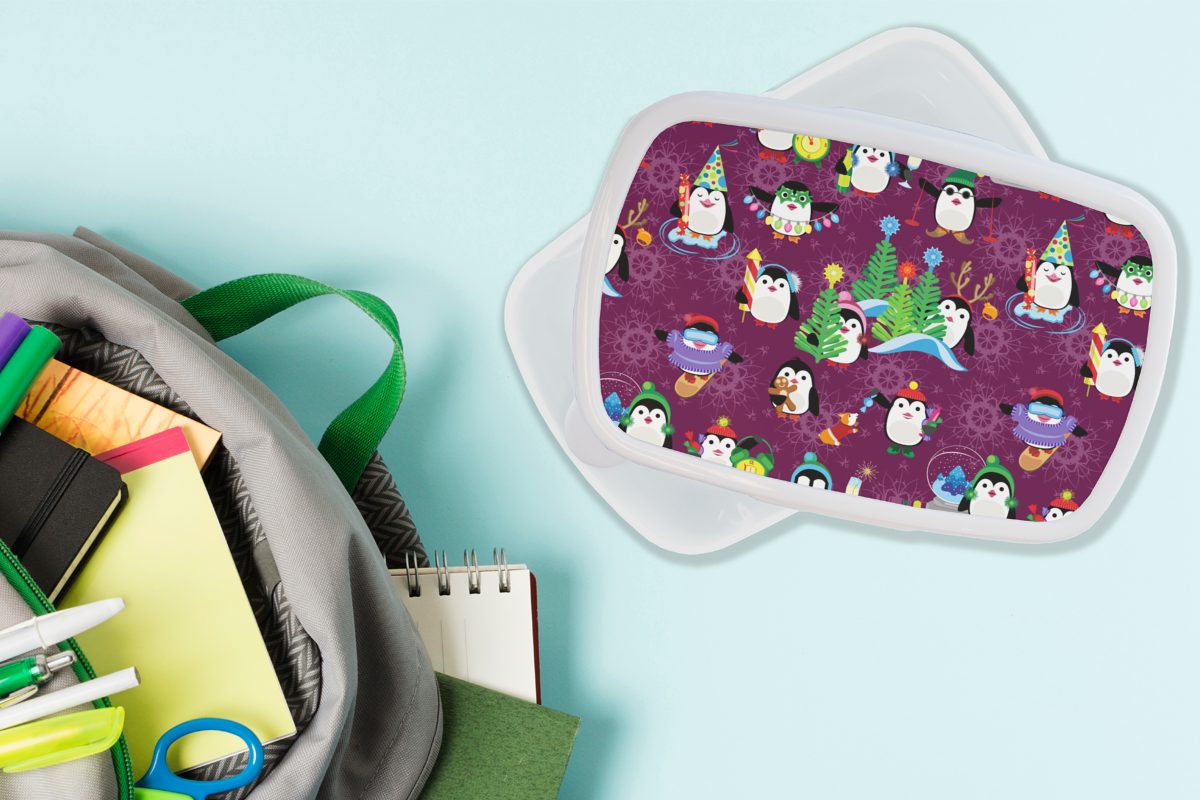 MuchoWow Lunchbox - Mädchen Brotdose, Brotbox weiß Winter und Pinguin für Kunststoff, und Erwachsene, Feuerwerk - für (2-tlg), Design, Jungs Kinder - - Weihnachten
