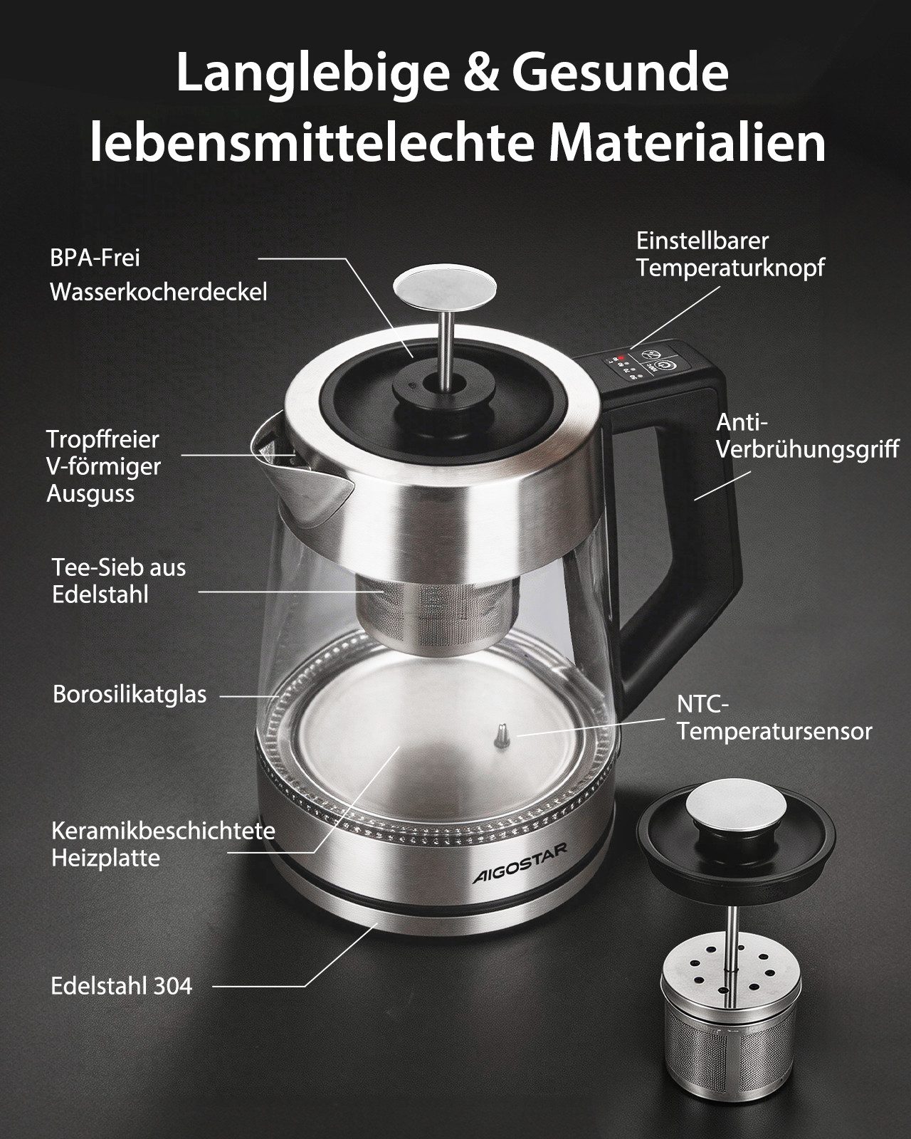 Aigostar Wasserkocher 5 präzise Temperatureinstellungen, Keramikbeschichtung, Kalkfrei, 1.7 l, 2200 W, Keramikbeschichtung, Schnelles Kochen, Warmhaltefunktion, – Bild 5 von 5
