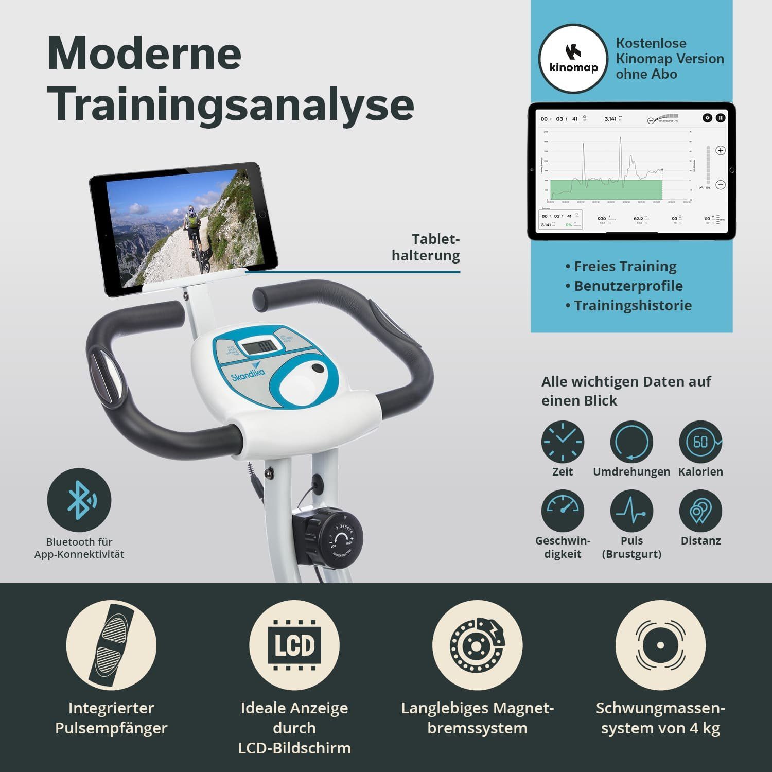 Skandika Heimtrainer Foldaway X-1000 Plus Fitnessbike, X-Bike, klappbar, für Zuhause (Sattel höhenverstellbar, Lehne, Transportrollen, App kompatibel), Handpuls-Sensoren, Bluetooth, Tablet-Halterung, Rückenlehne, bis 110kg