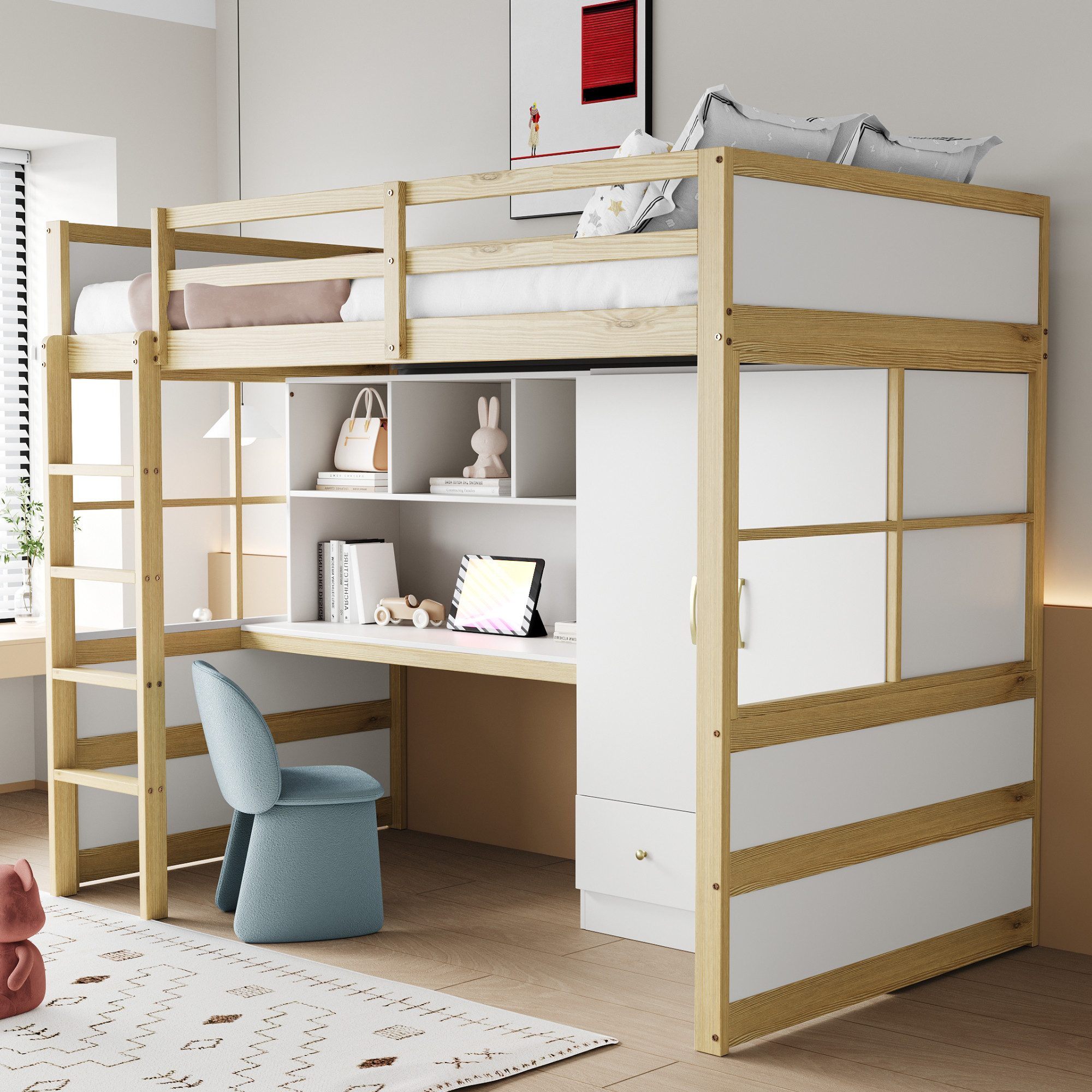 Merax Hochbett (1-St., Jugendbett Einzelbett Holzbett) Kiefer Kinderbett 90x200 cm mit Schreibtisch Kleiderschrank Schubladen