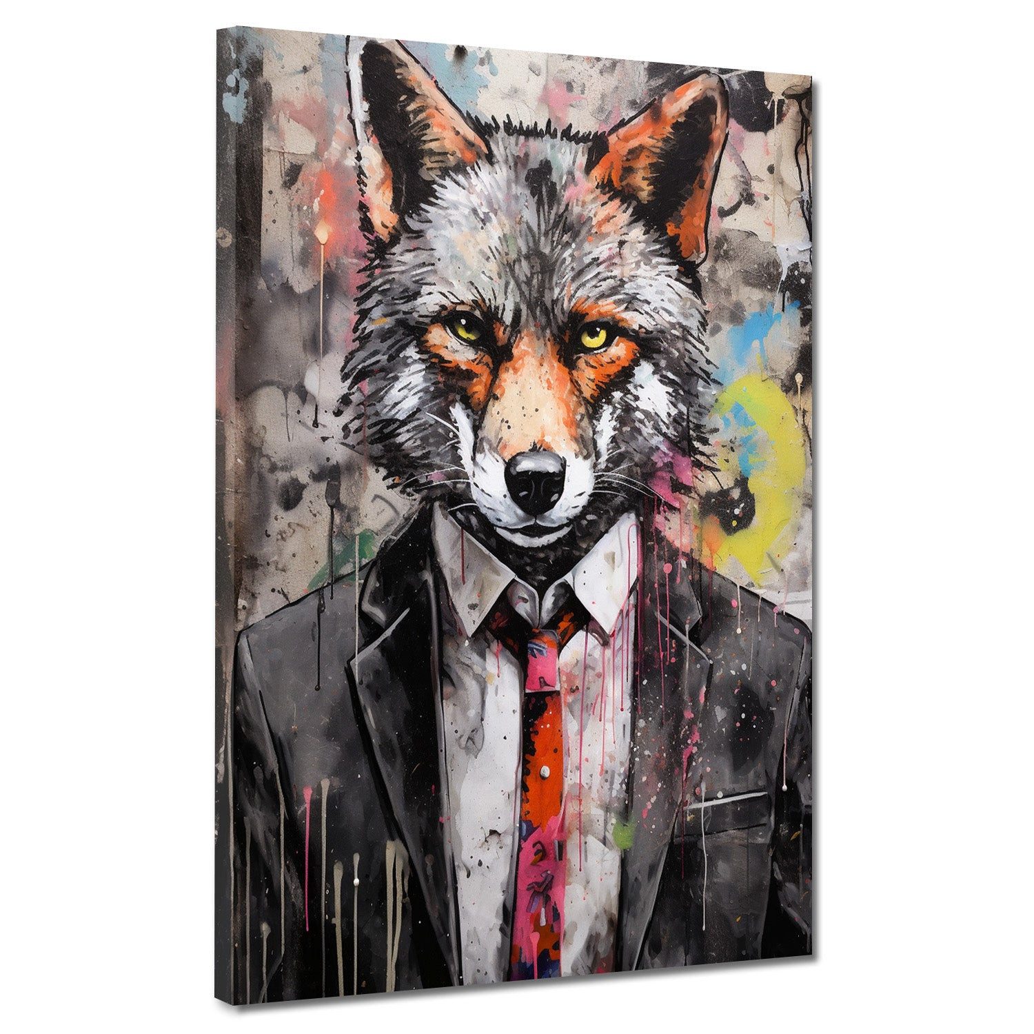 Artedinoi Leinwandbild Wolf im Anzug Pop Art Colour Leinwandbild Wandbild Kunstdruck XL Wandd
