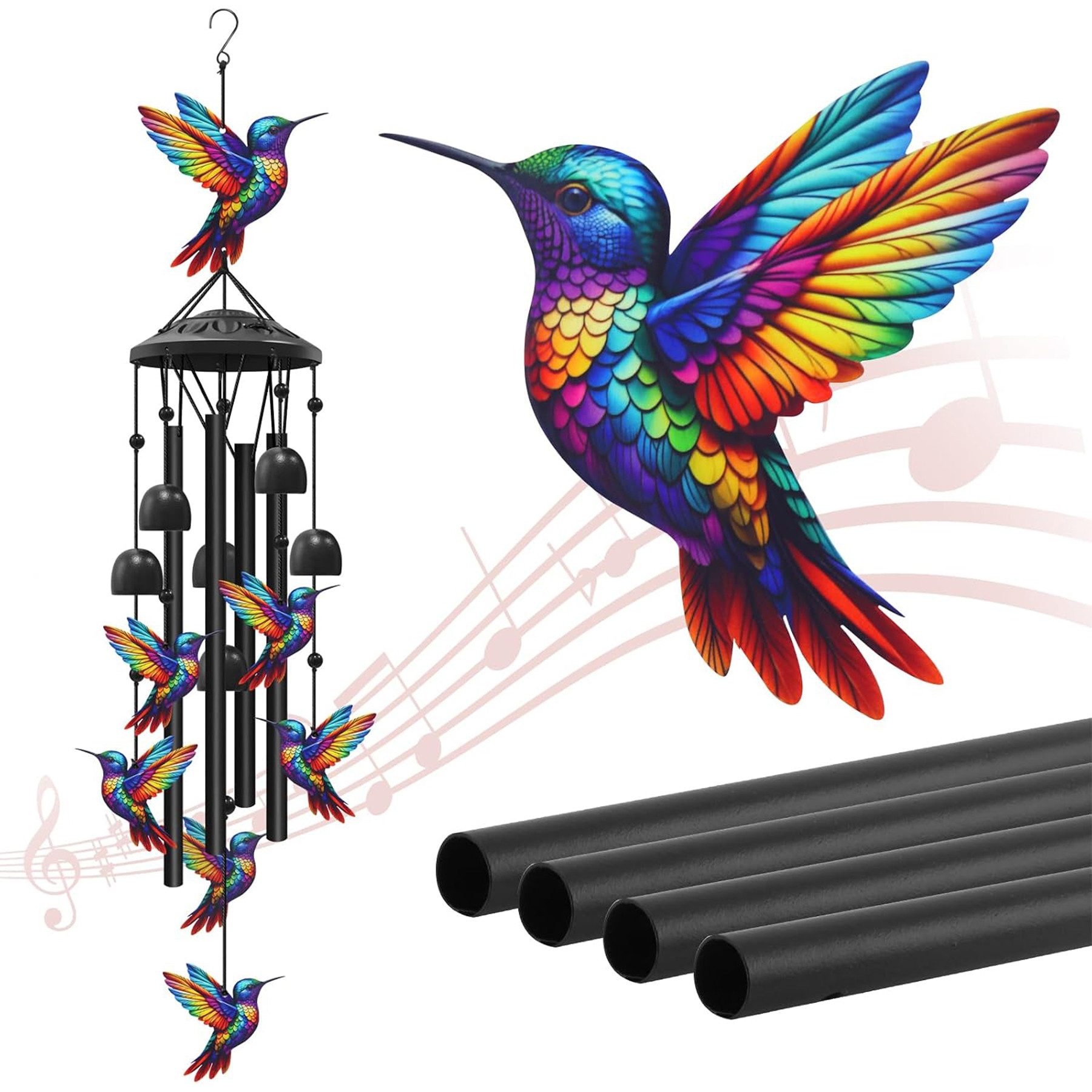 Mutig Windspiel Windspiel aus Metall für Garten und Balkon, Bunte Gartendeko (Geschenk für Frauen und Männer, Geburtstagsgeschenk, für Terrasse und Außenbereich), dekorative Windleitungen, mit 6 Glocken und 7 Dekorationen