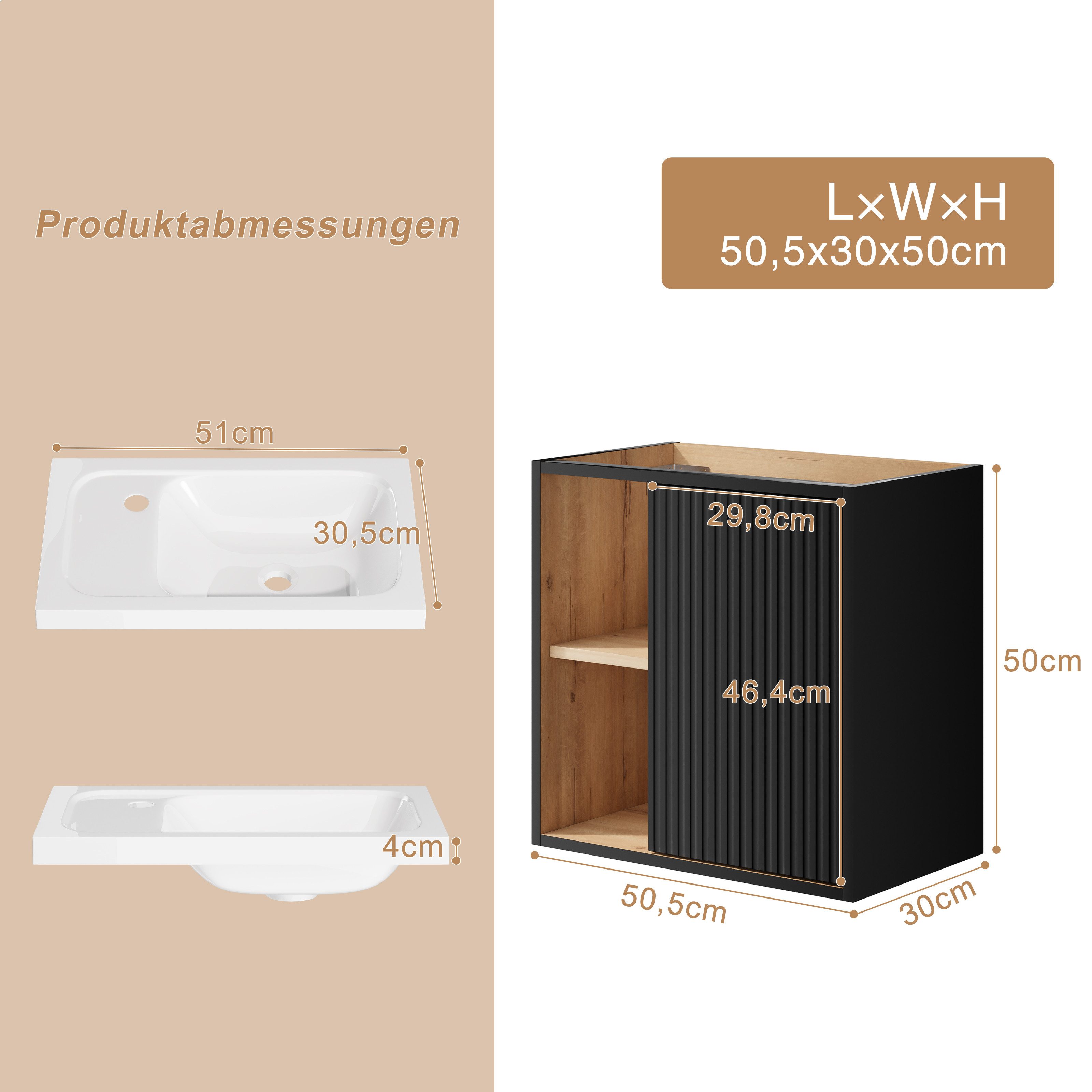 UEV Waschtisch klein Waschbecken mit Unterschrank set Badmöbel Gäste-WC (Breit 50cm, Komplett-Set, Badezimmmer Schrank für Gäste WC, Unterschrank mit Harzbecken – Bild 4 von 5