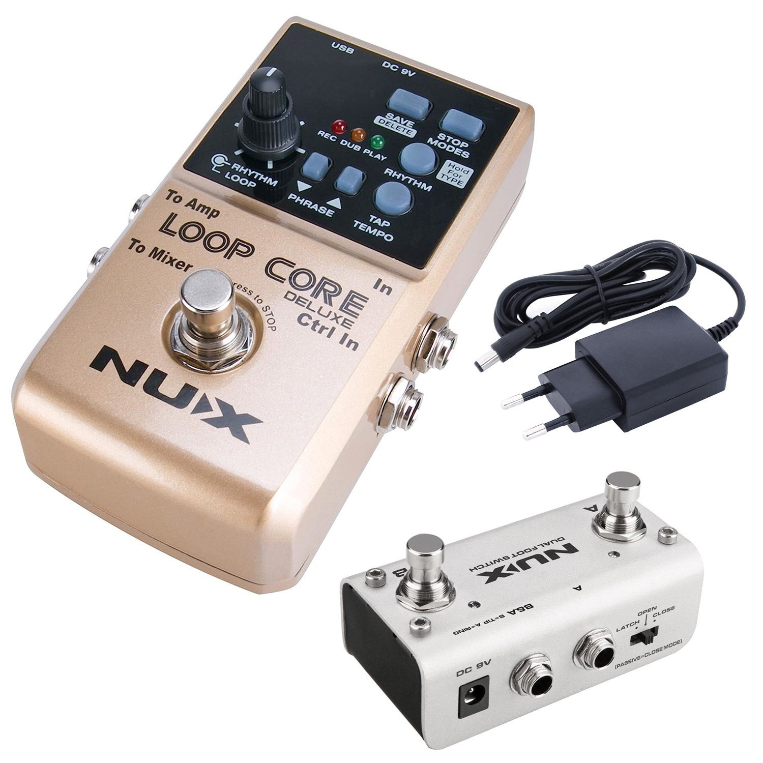 Nux E-Gitarre Loop Core Deluxe Bundle Effektpedal mit Netzteil, Effektpedal