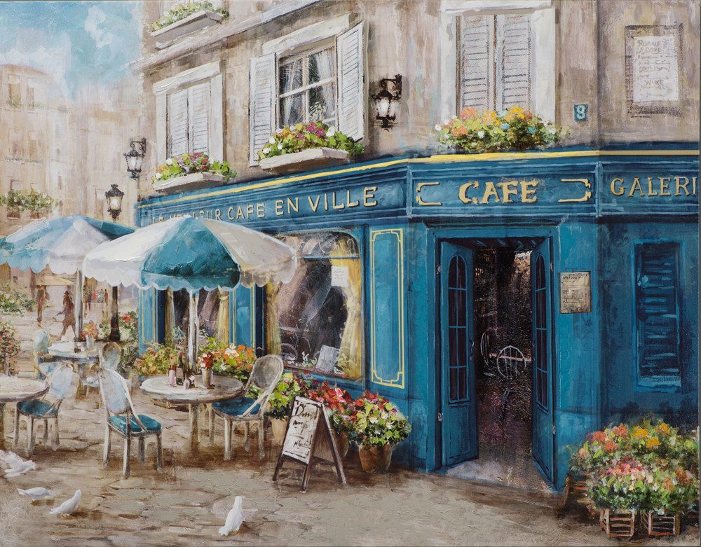 ArtUniverse Gemälde Französisches Café in Blau 70 x 90 cm, Städtemotiv