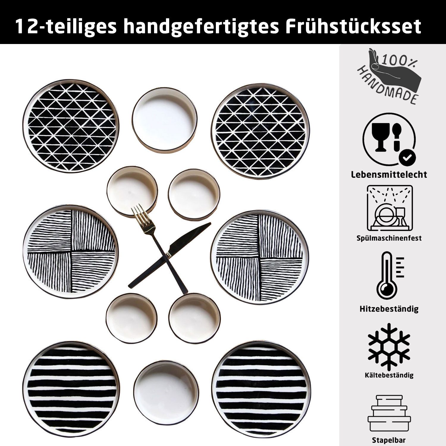 Jungengel Tafelservice Modern Frühstückset Skandinavien Black Teller Set Geschirr Service, 100% Handgefertigt