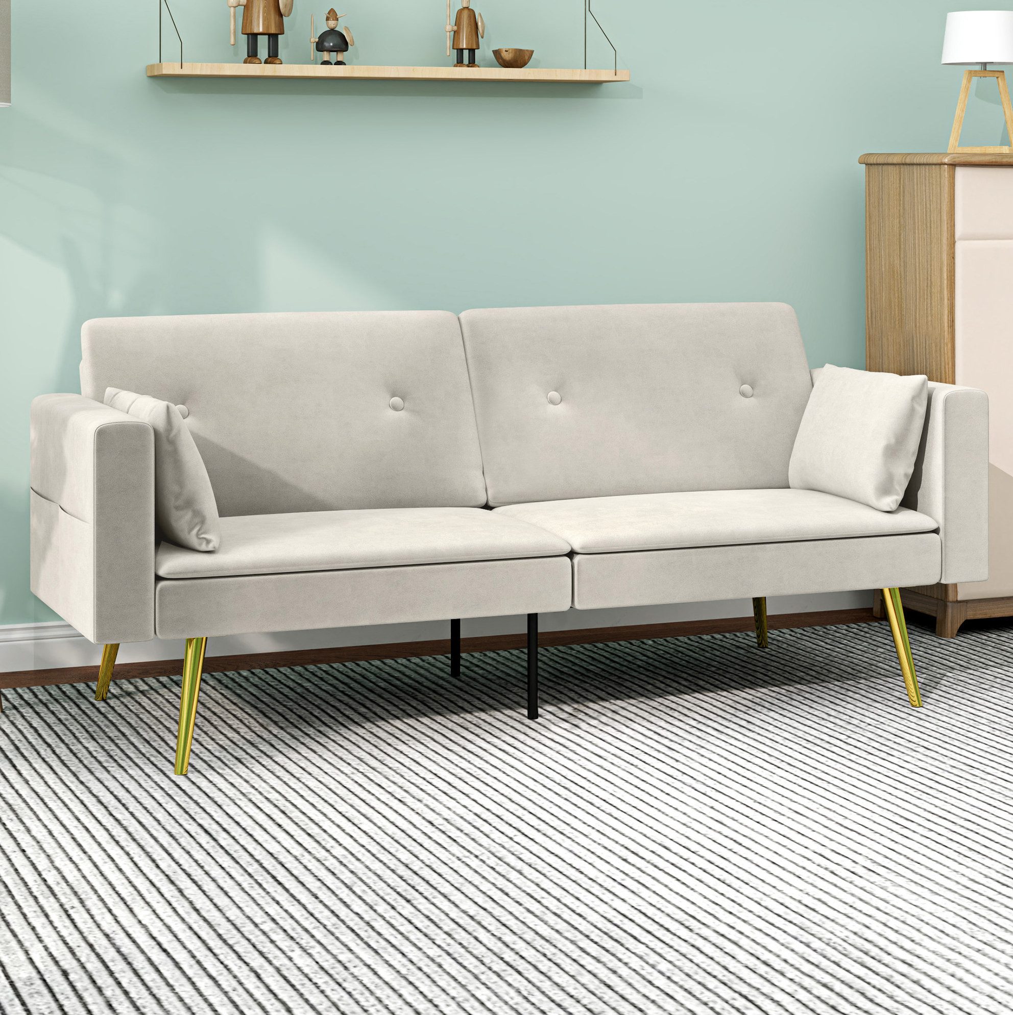 OKWISH Schlafsofa in Beige mit verstellbarer Rückenlehne & Seitentasche, 181x73x78,5 cm, Gepolstertes 2‑Sitzer-Sofa mit Schlaffunktion & Kissen 1 Teile, Kompaktes Schlafsofa für Wohnzimmer & Schlafzimmer
