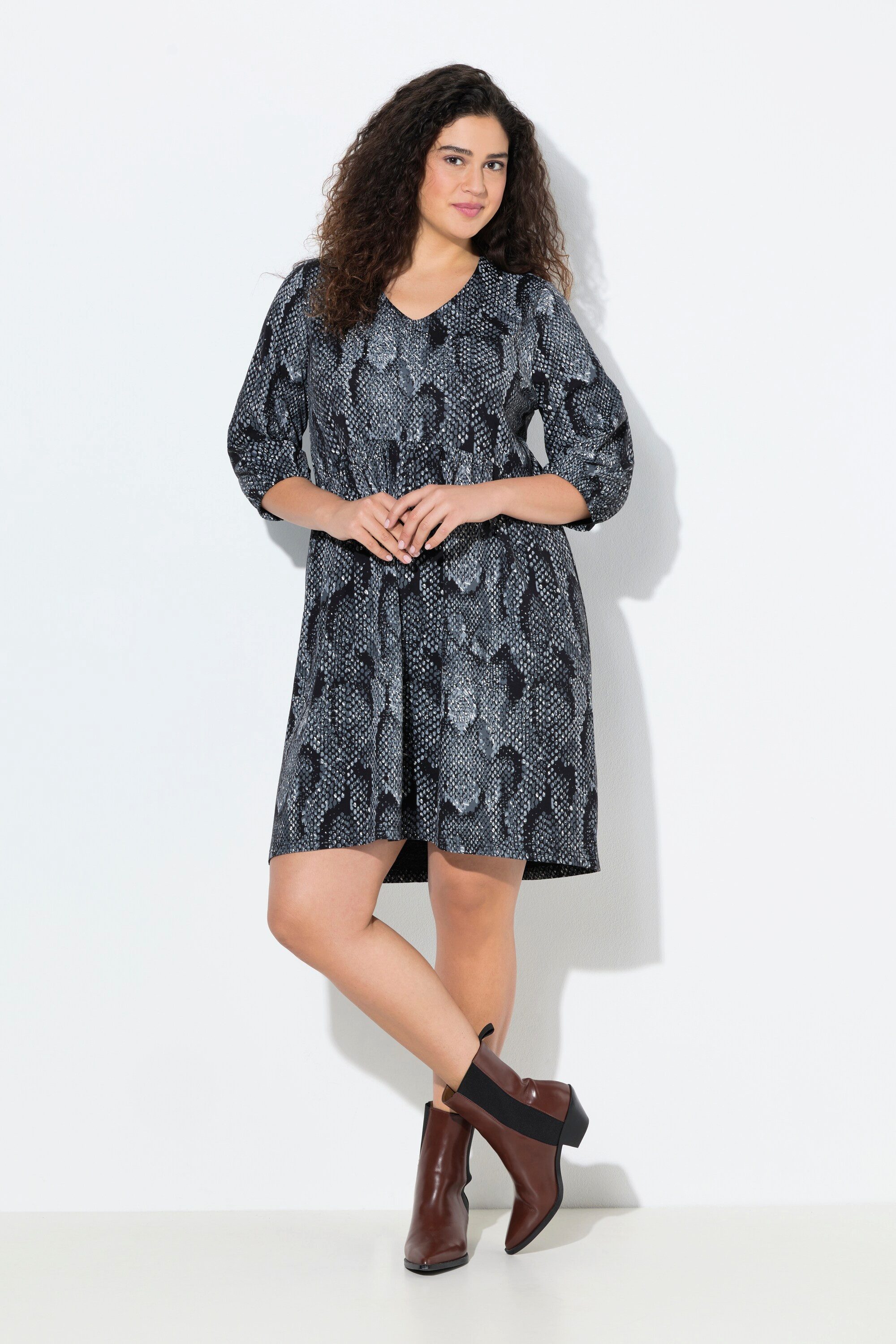Ulla Popken Jerseykleid Jerseykleid Animaldruck A-Linie V-Ausschnitt