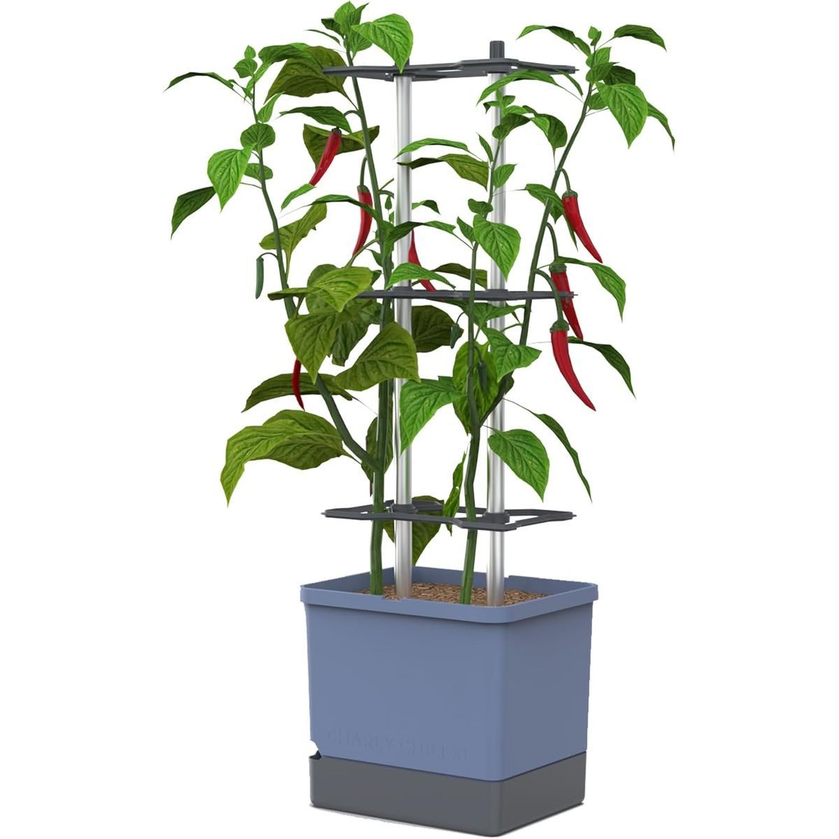 Gusta Garden Pflanzkübel CHARLY CHILI XL (inkl. stabiler Rankhilfe und Bewässerungssystem), Chilitopf XL für Balkon, Terrasse & Garten, blau