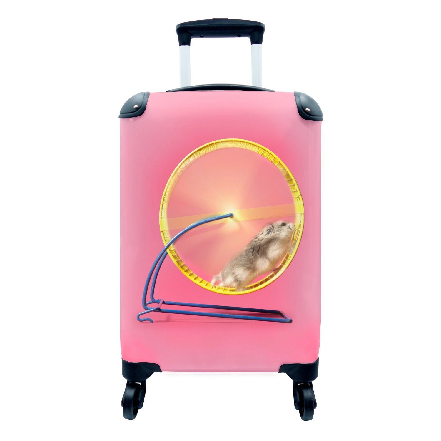 MuchoWow Handgepäckkoffer Hamster auf einem Laufrad vor einem rosa Hintergrund, 4 Rollen, Reisetasche mit rollen, Handgepäck für Ferien, Trolley, Reisekoffer
