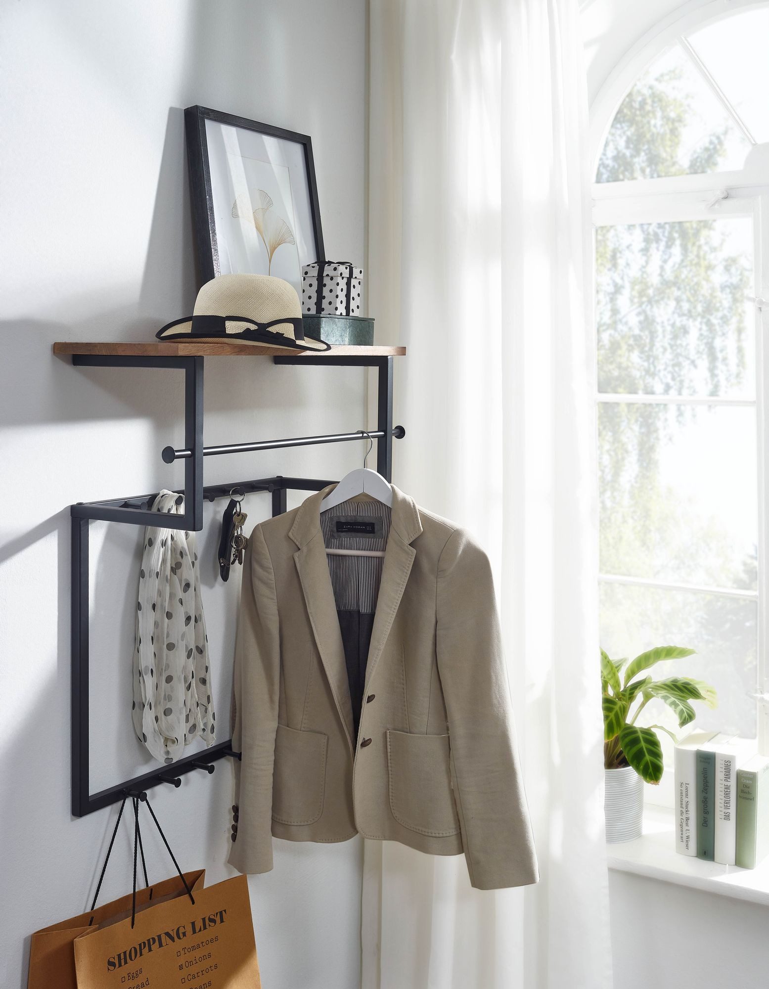 Wohnling Wandgarderobe Holz Metall 60 cm Garderobe mit Ablage Flur Hakenleiste (Mango Massivholz Metall 60x76x26 cm mit Ablage), Garderobe Wand Holz, Flurgarderobe Modern