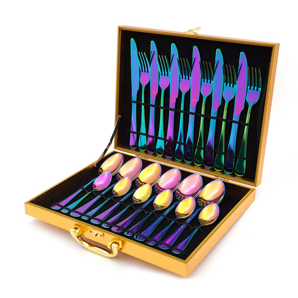 Faizee Möbel Besteck-Set Besteck-Set Edelstahl Besteck Set 24-tlg Messer Gabel Löffel Wood Box (24-tlg), Edelstahl
