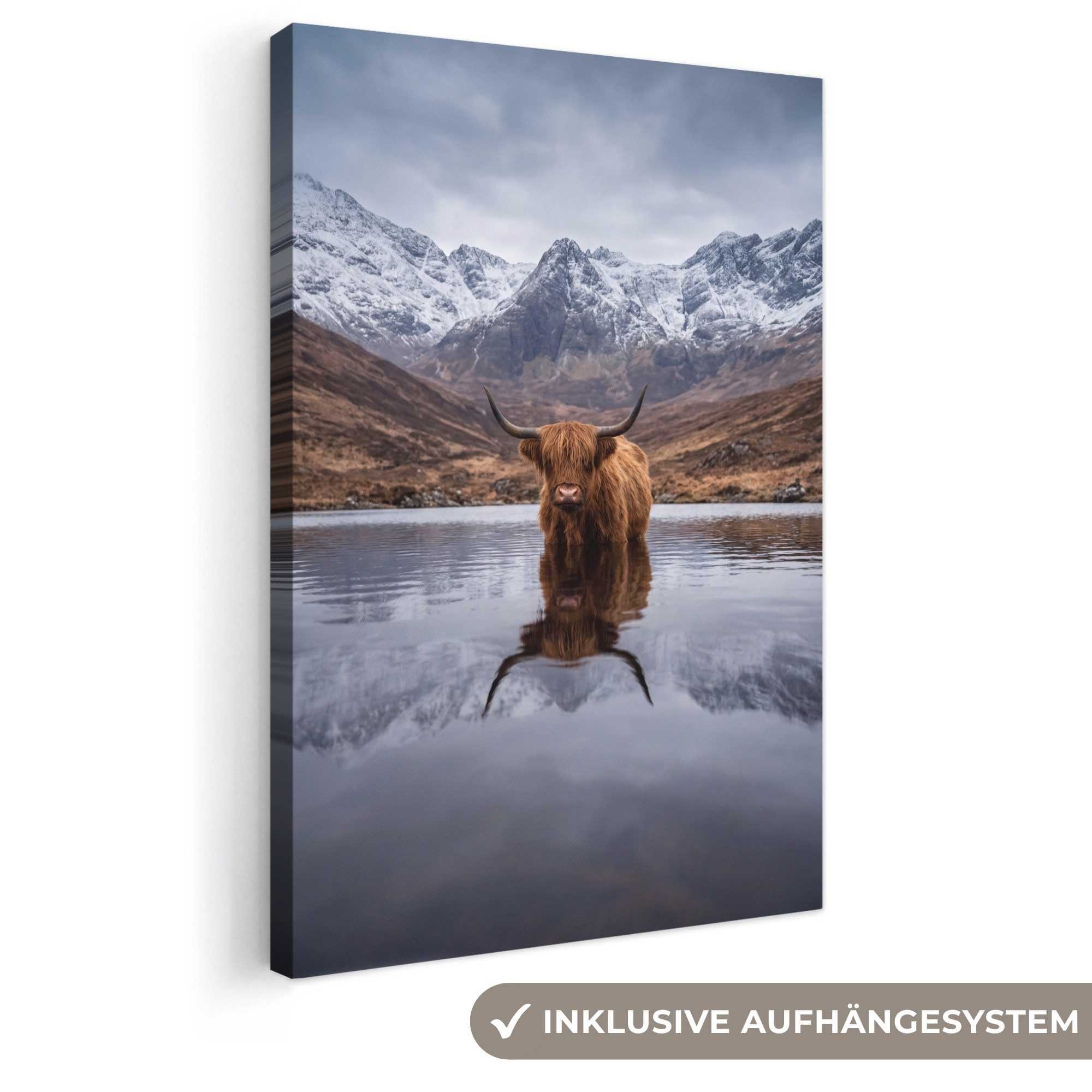OneMillionCanvasses® Leinwandbild Schottischer Hochländer - Braun - Wasser, Fotodruck (1 St), Leinwand Canvas Wandbild, Wanddekoration 20x30 cm