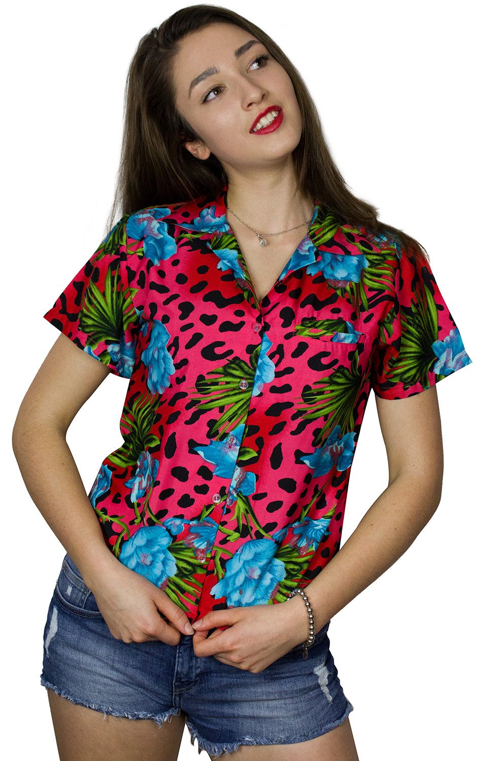 Hawaiihemd Leopard Flowers Funky Hawaiibluse Damen Kurzarm Front-Tasche Stylish